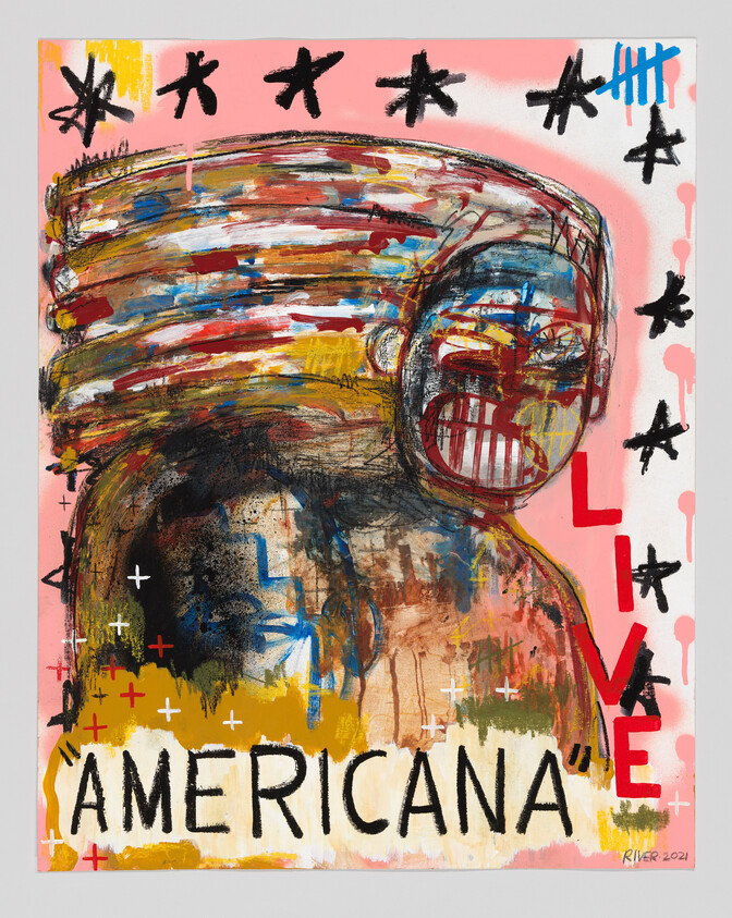 Large colorful abstract figure with barred-face mask and the word "AMERICANA" written below.