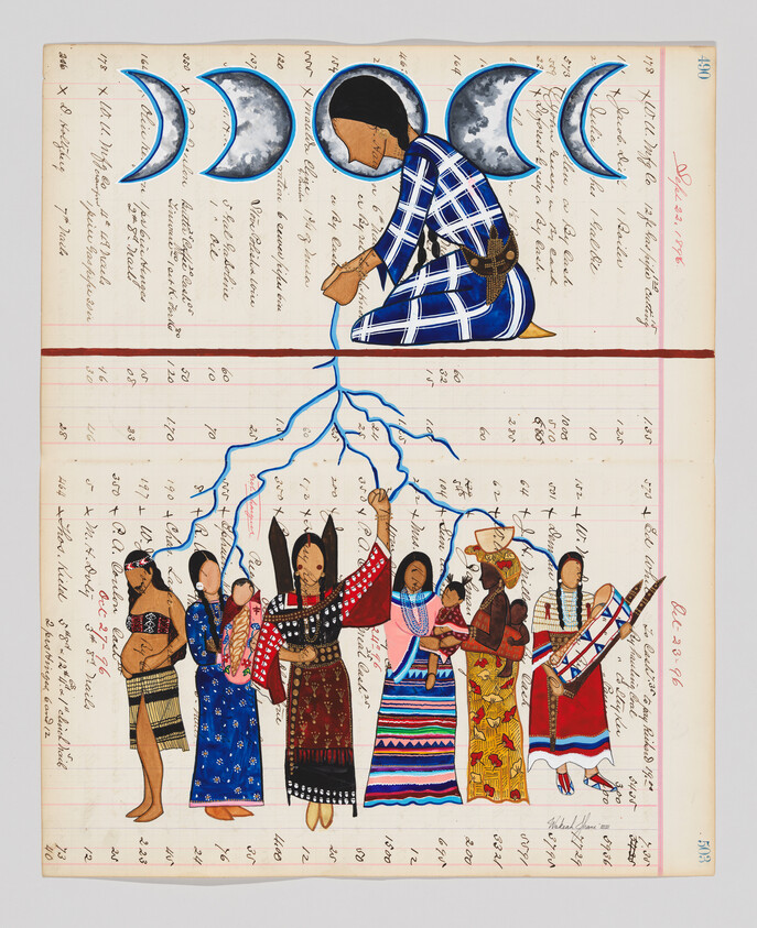 A kneeling figure channels blue roots to a line of Indigenous women under moon phases.