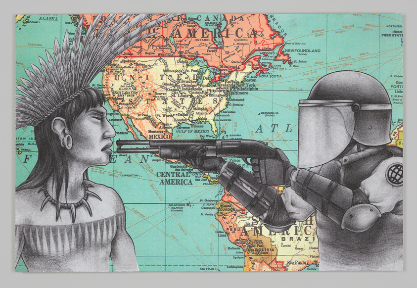 Illustration of a Native American profile superimposed on the North American continent of a vintage map, facing a medieval knight in armor aiming a crossbow, set against the backdrop of South America on the same map.