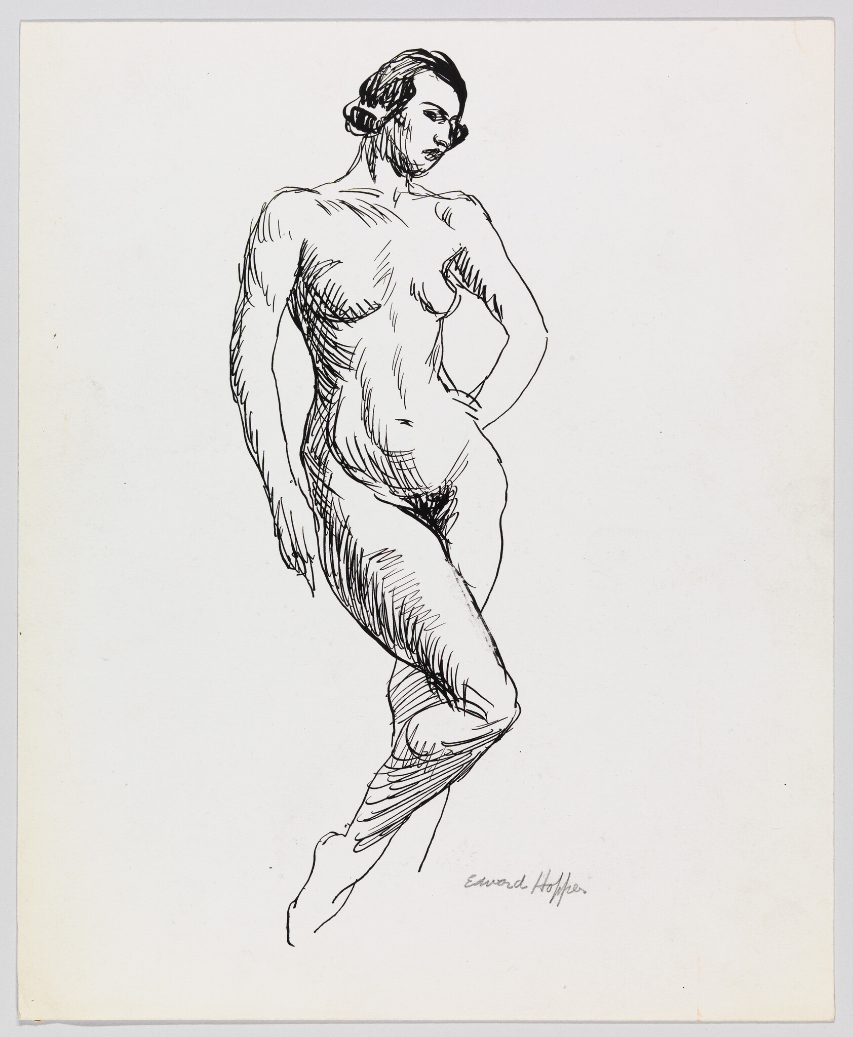 Nude woman standing in a relaxed contrapposto pose with one hand on her hip.