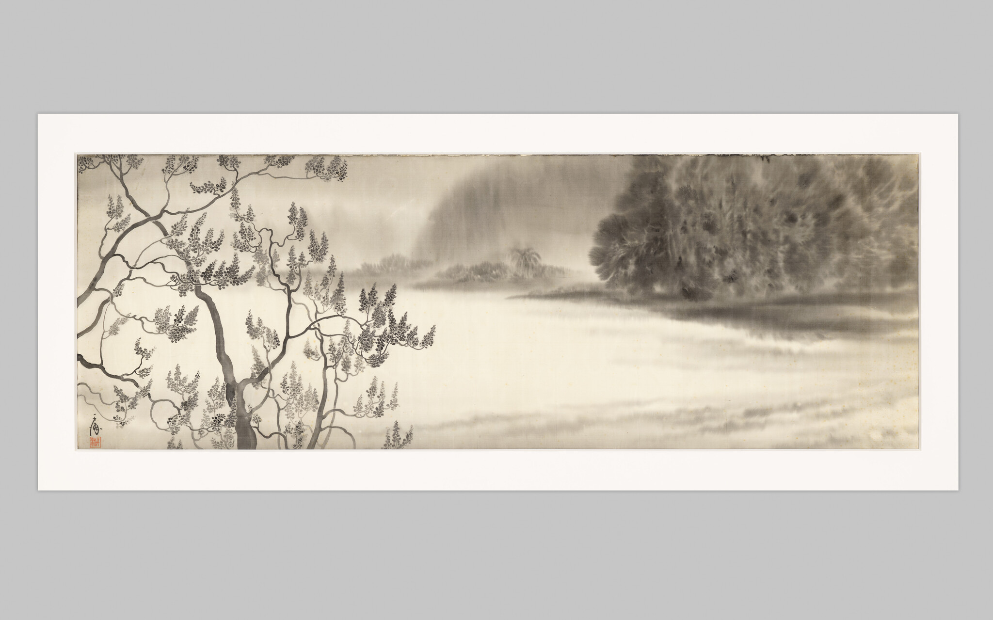 Delicate ink painting of tree branches by a misty river with distant blurred trees.