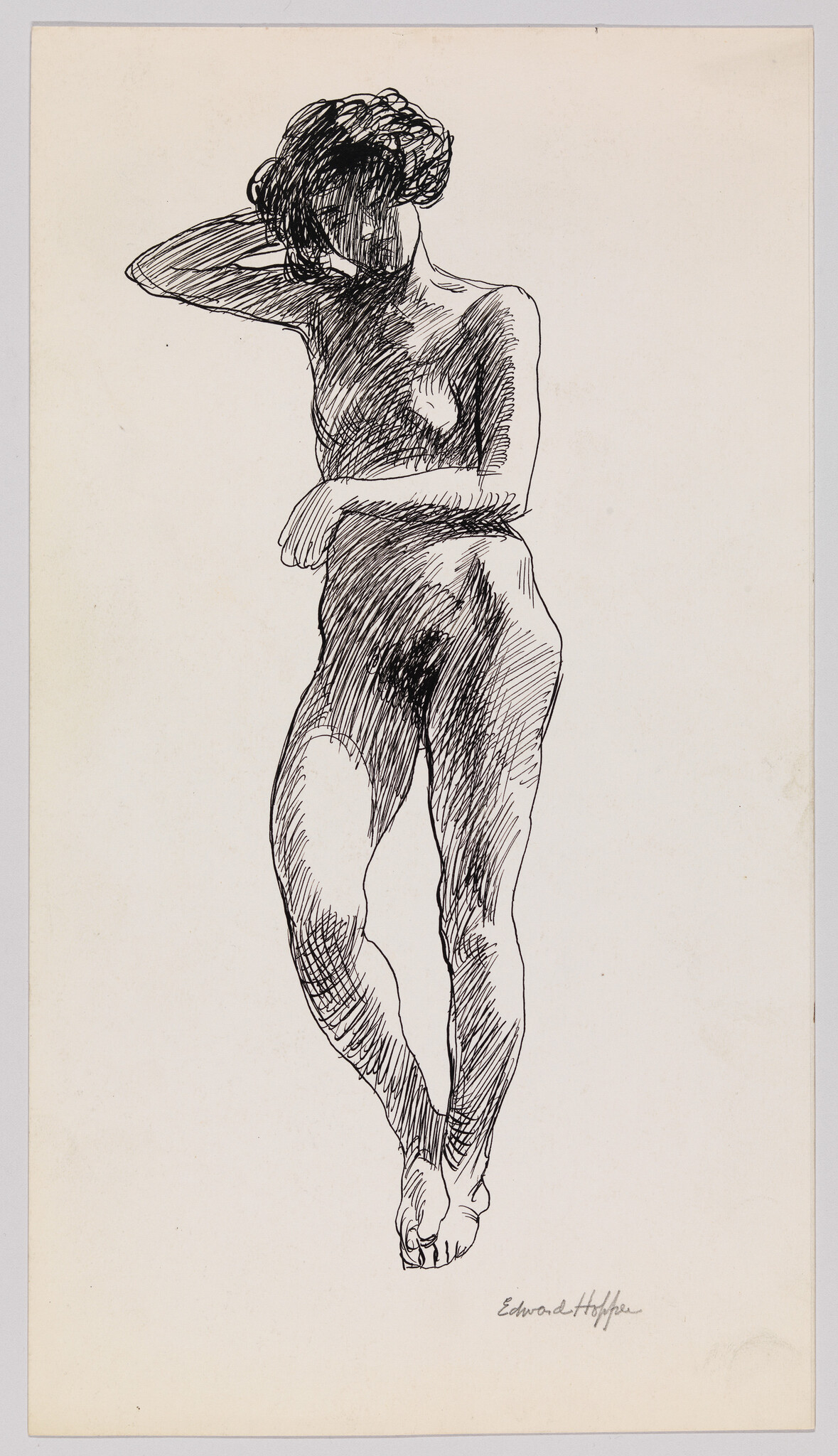 A standing nude woman with one hand behind her head and crossed feet.