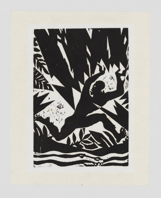 Silhouetted figure leaping through jagged jungle foliage above wavy water.