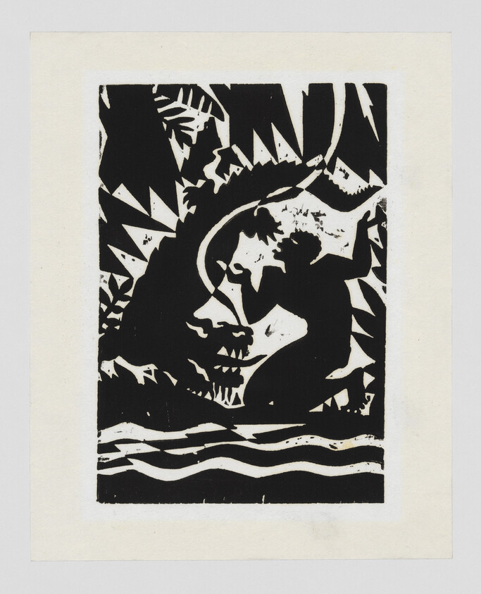 A person grapples with a dragon-like sea creature above stylized waves in a bold black-and-white print.