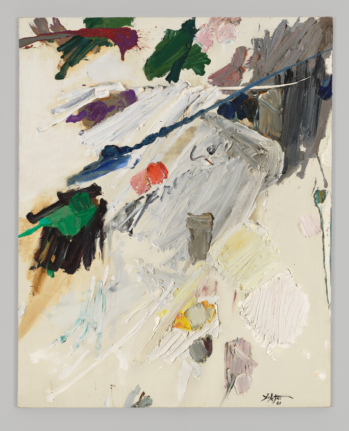 Abstract painting with thick, sweeping oil paint strokes and bold color patches on a pale background.