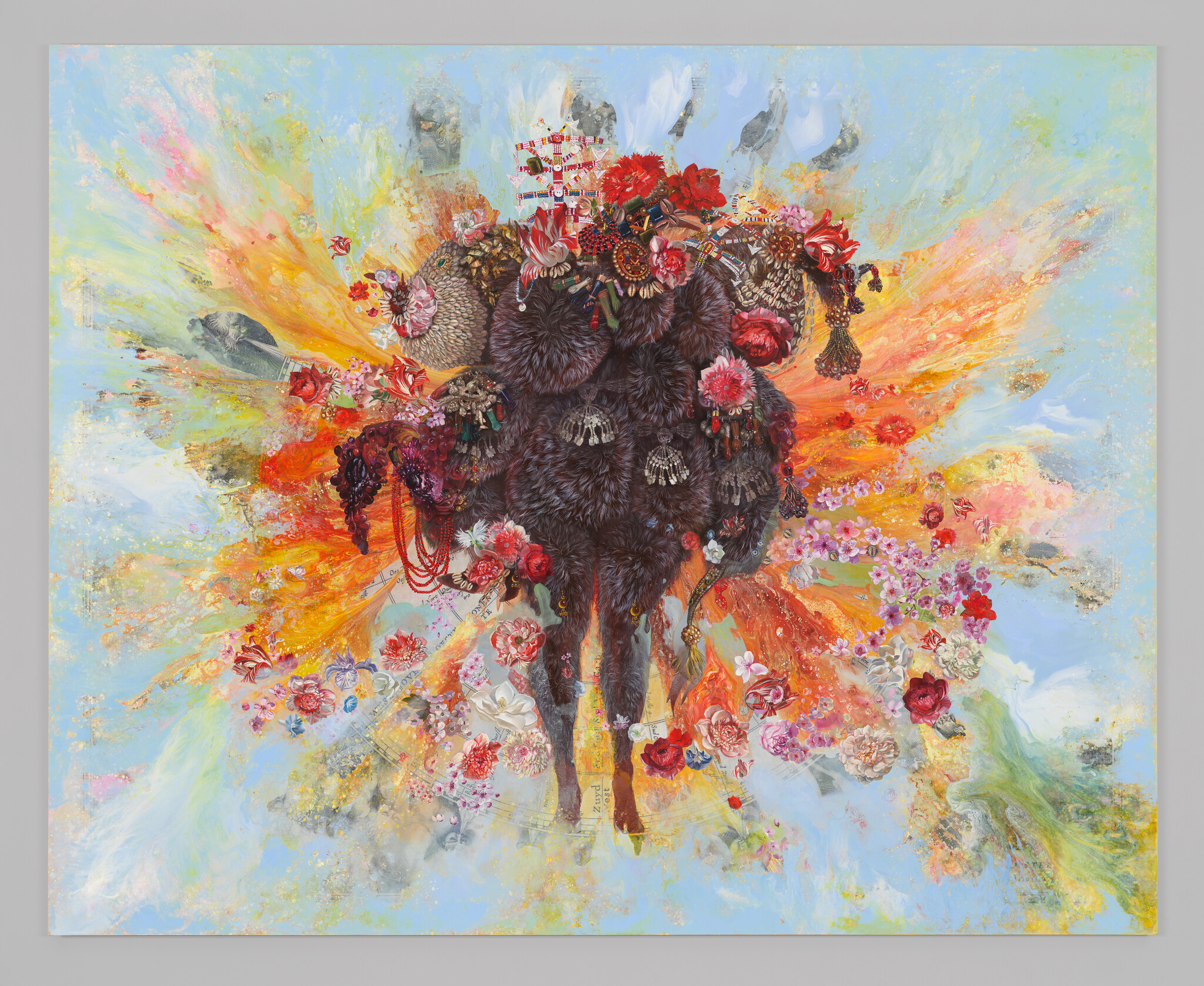 A dark, fur-covered figure wears an ornate floral headdress exploding into colorful paint and blossoms.