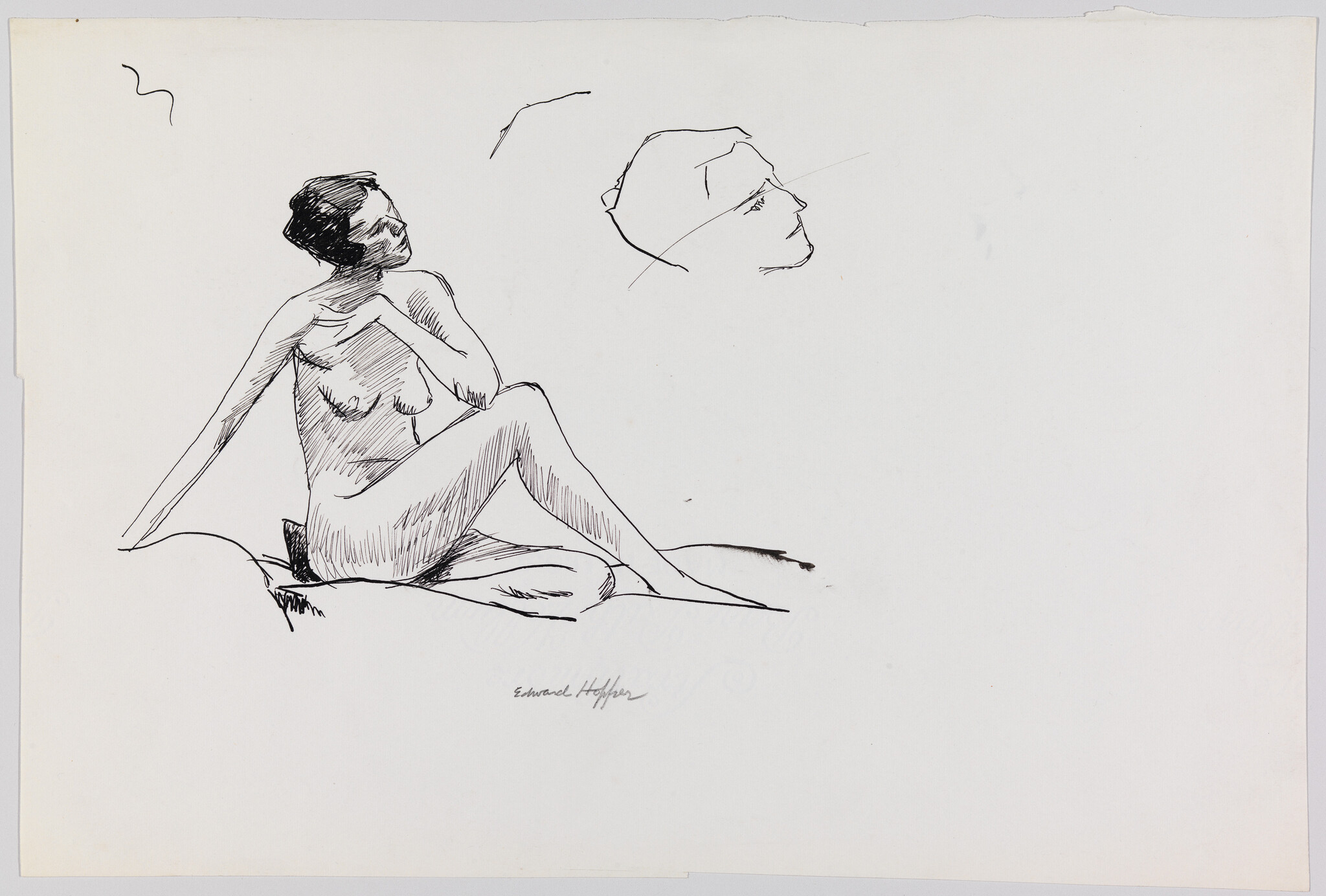 Seated nude woman in pen-and-ink sketch looking upward with a separate head study nearby.