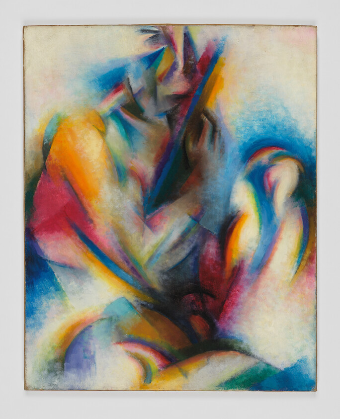 Abstract colorful figure holding a stringed instrument with flowing shapes and vibrant brushstrokes.