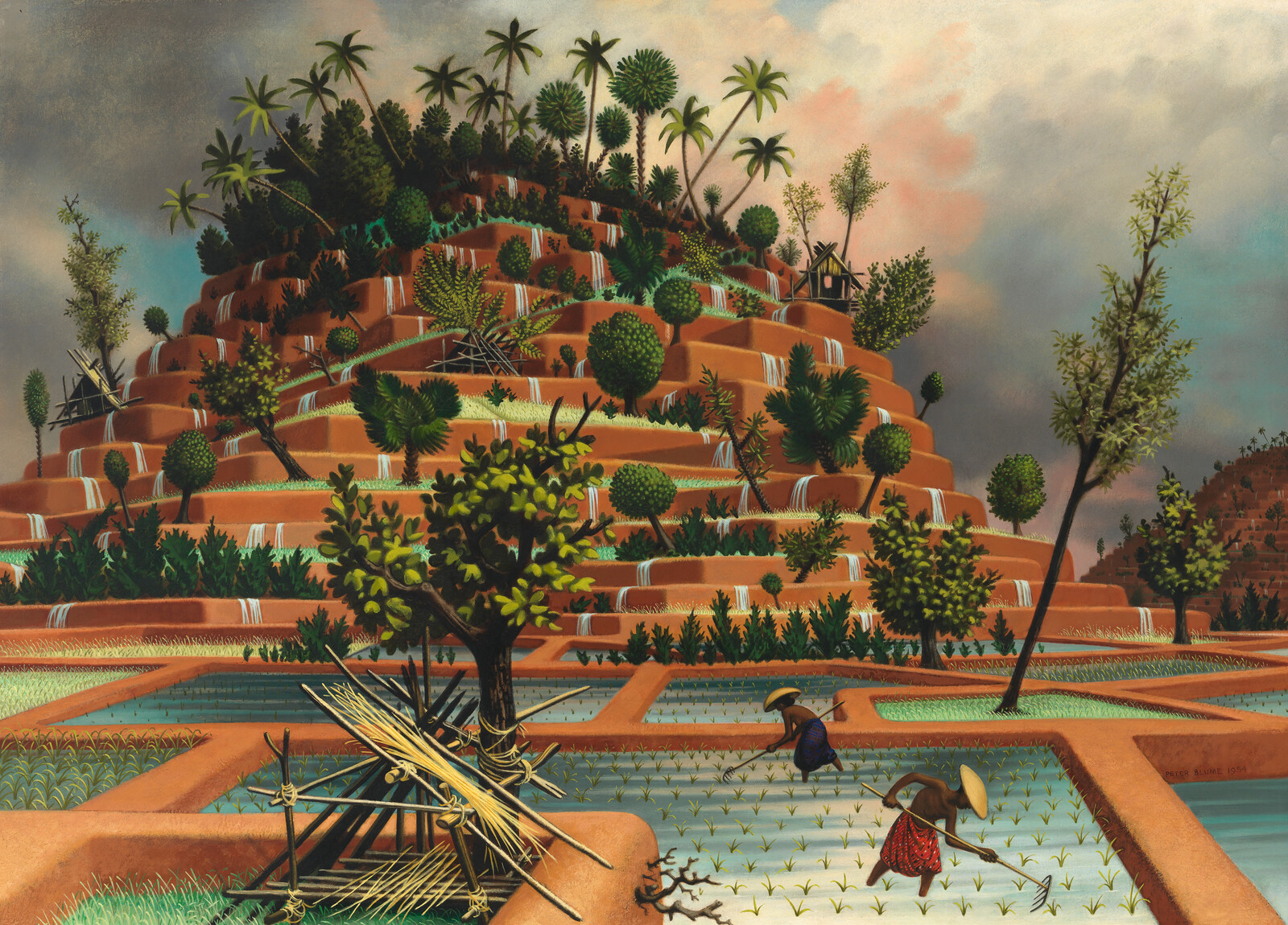 A painting depicting a terraced landscape with lush greenery and palm trees. Waterfalls cascade down the terraces, and two figures in traditional clothing work in the rice paddies in the foreground. The sky is a mix of warm and cool hues, suggesting either dawn or dusk.