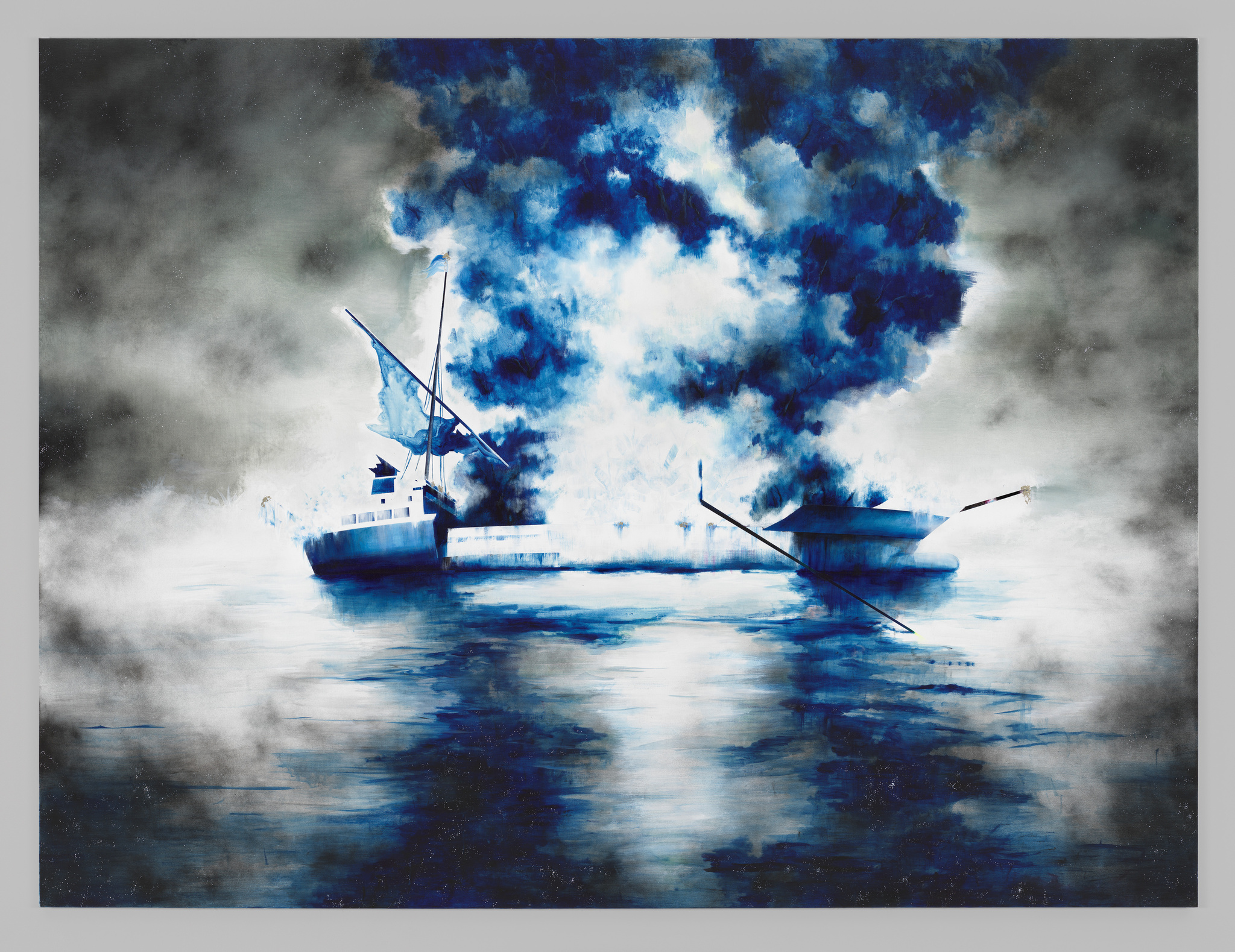 A ship exploding on a sea of dark blues and blacks with heavy contrast of white clouds and smoke.