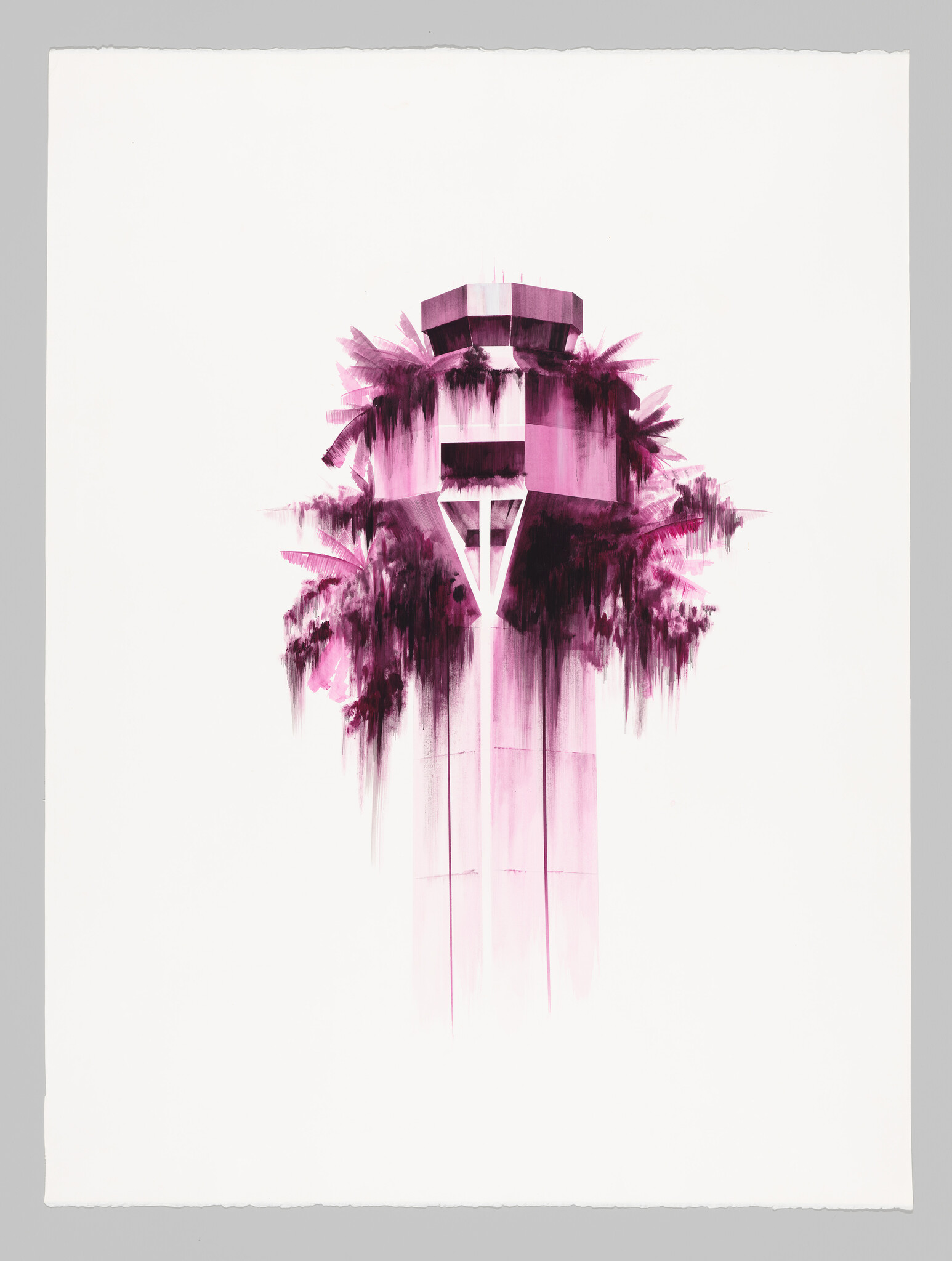 A tall control tower surrounded by palm trees with pink watercolor drips.