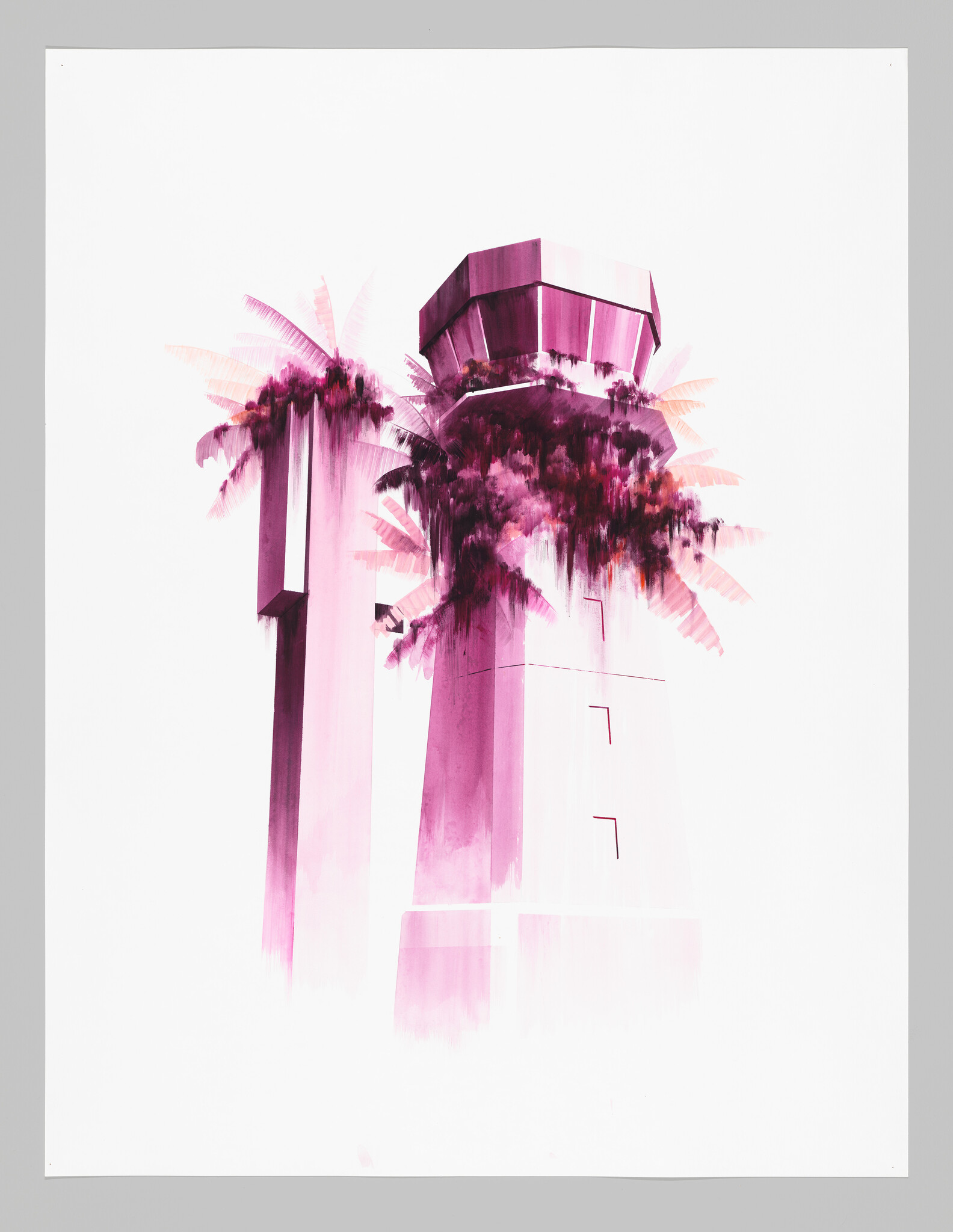 Tall pink concrete towers rise with palm trees clustered around their tops.