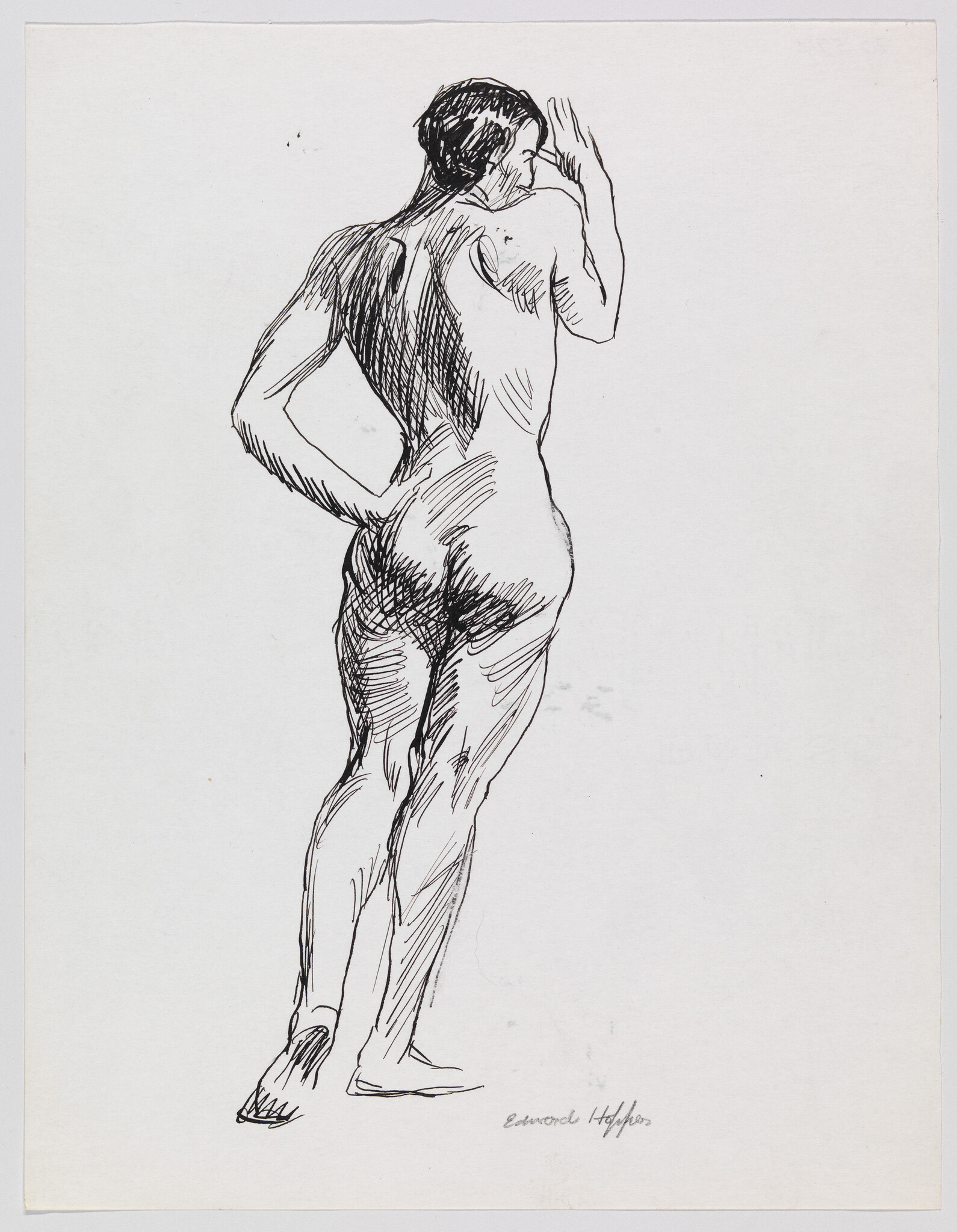 A standing nude woman seen from behind with one hand on her hip and the other touching her face.