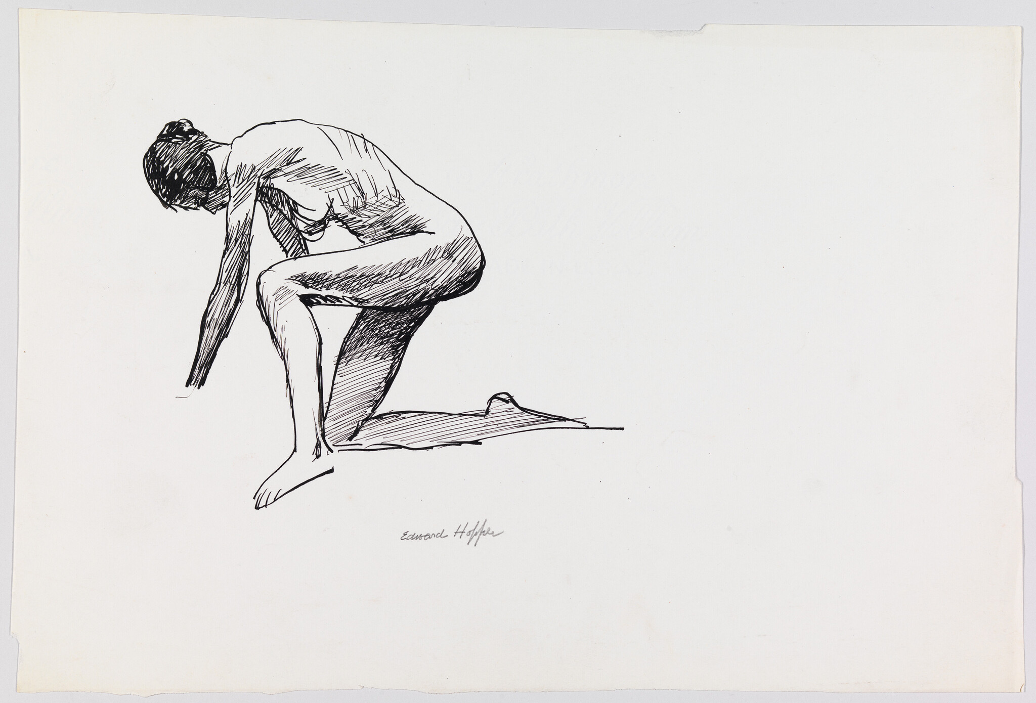 A kneeling nude woman leans forward with one hand touching the ground in a sketch.