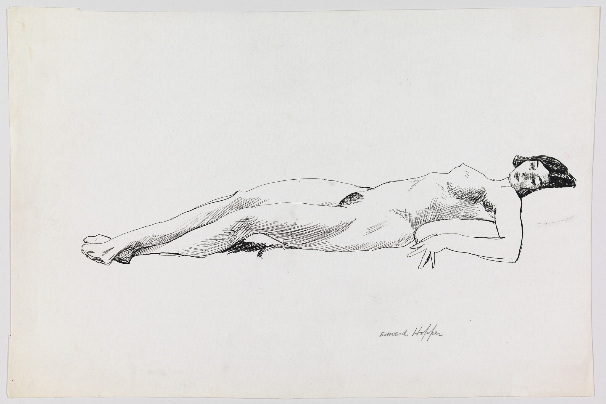 A reclining nude woman drawn in thin black pen lines, lying on her back with eyes closed.