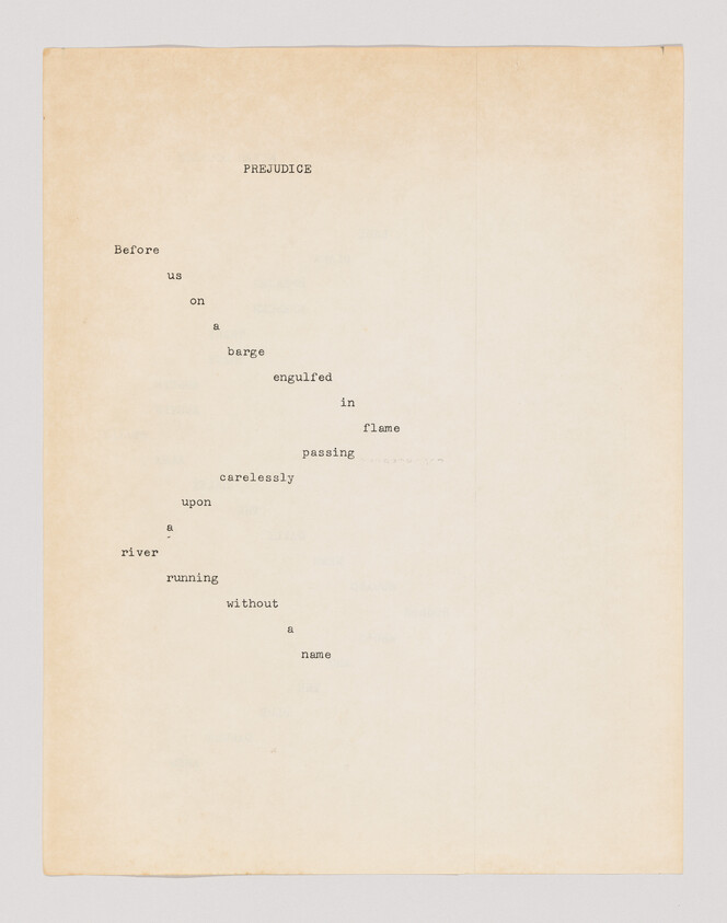 Typed concrete poem titled "PREJUDICE" with words forming a diagonal about a burning barge on a river.