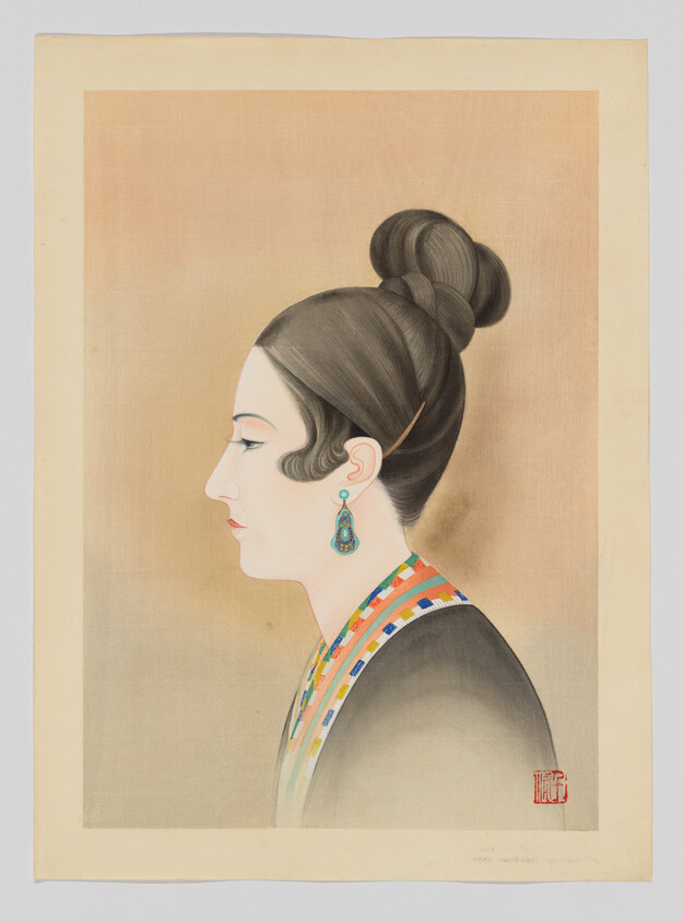 A painted profile of a woman with a high bun, colorful collar, and turquoise earrings.