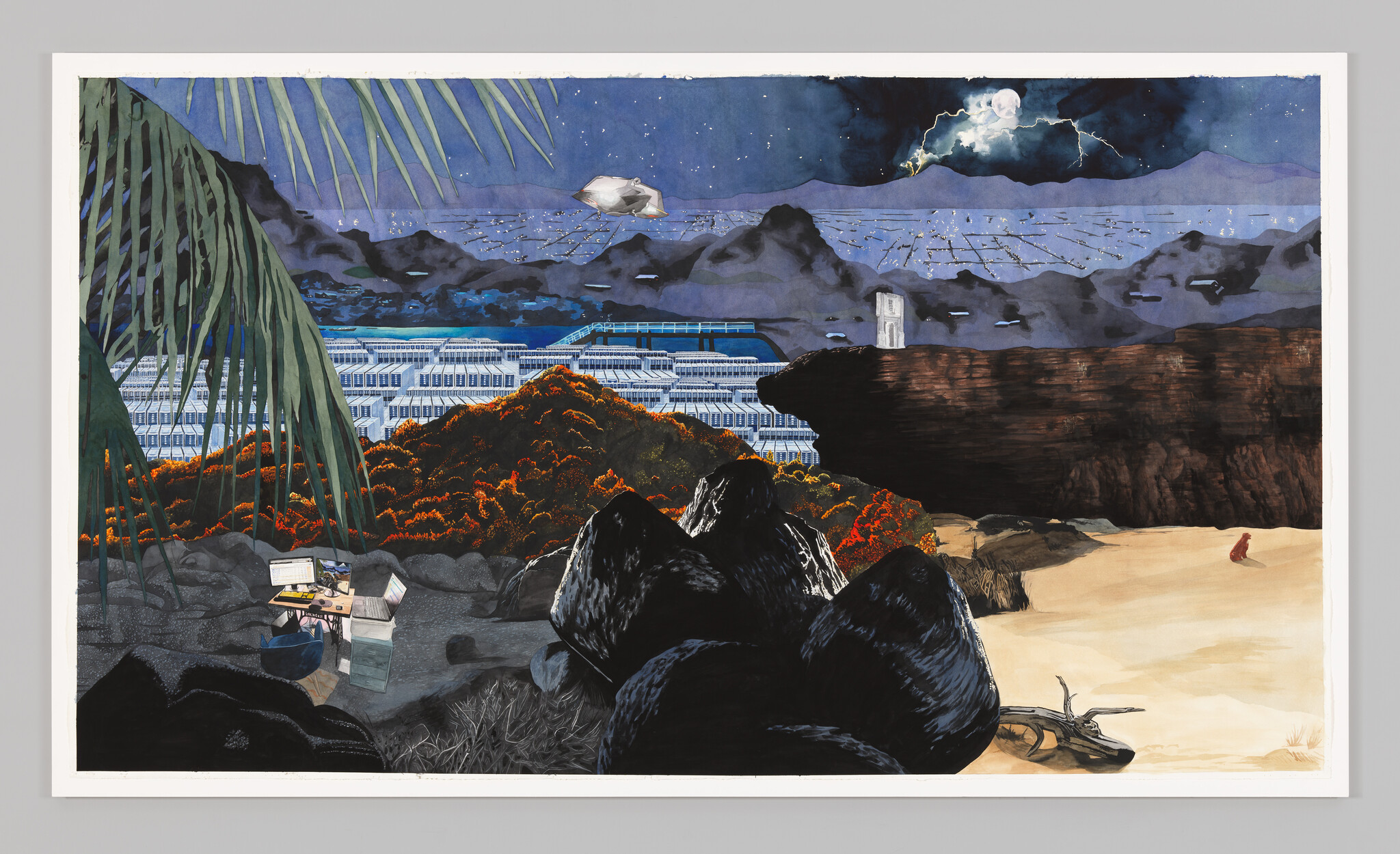 A painting made to emulate a collage of a beach overlooking a cityscape and mountains.