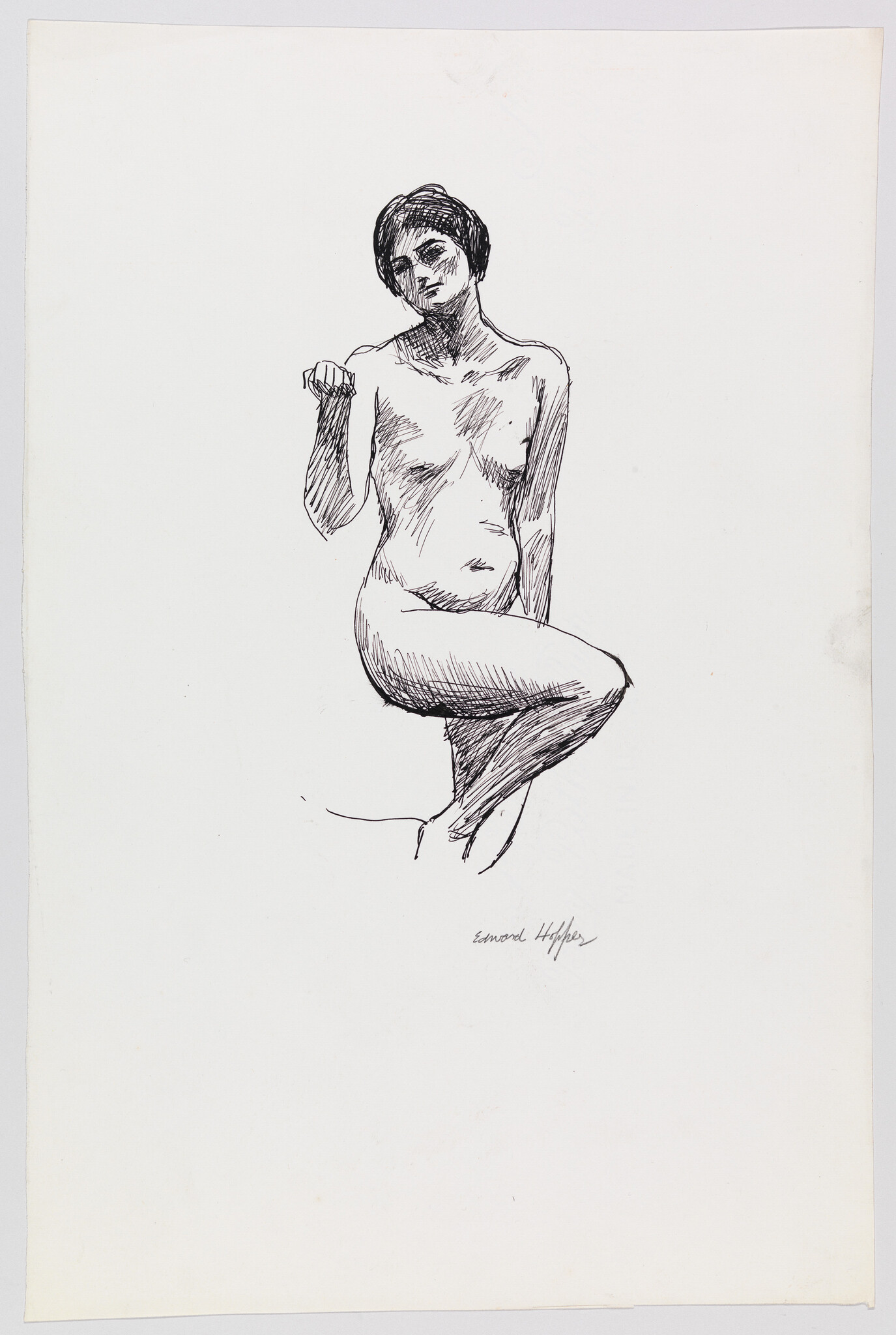 Seated nude woman with short hair sits cross-legged and raises her right hand.