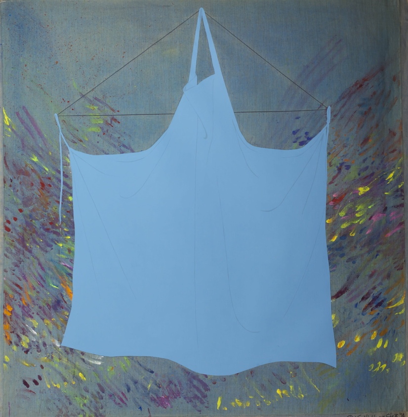 A gray-blue apron hanging in the center of a gray background with a spattering of yellow, purple, orange, green, and pink.
