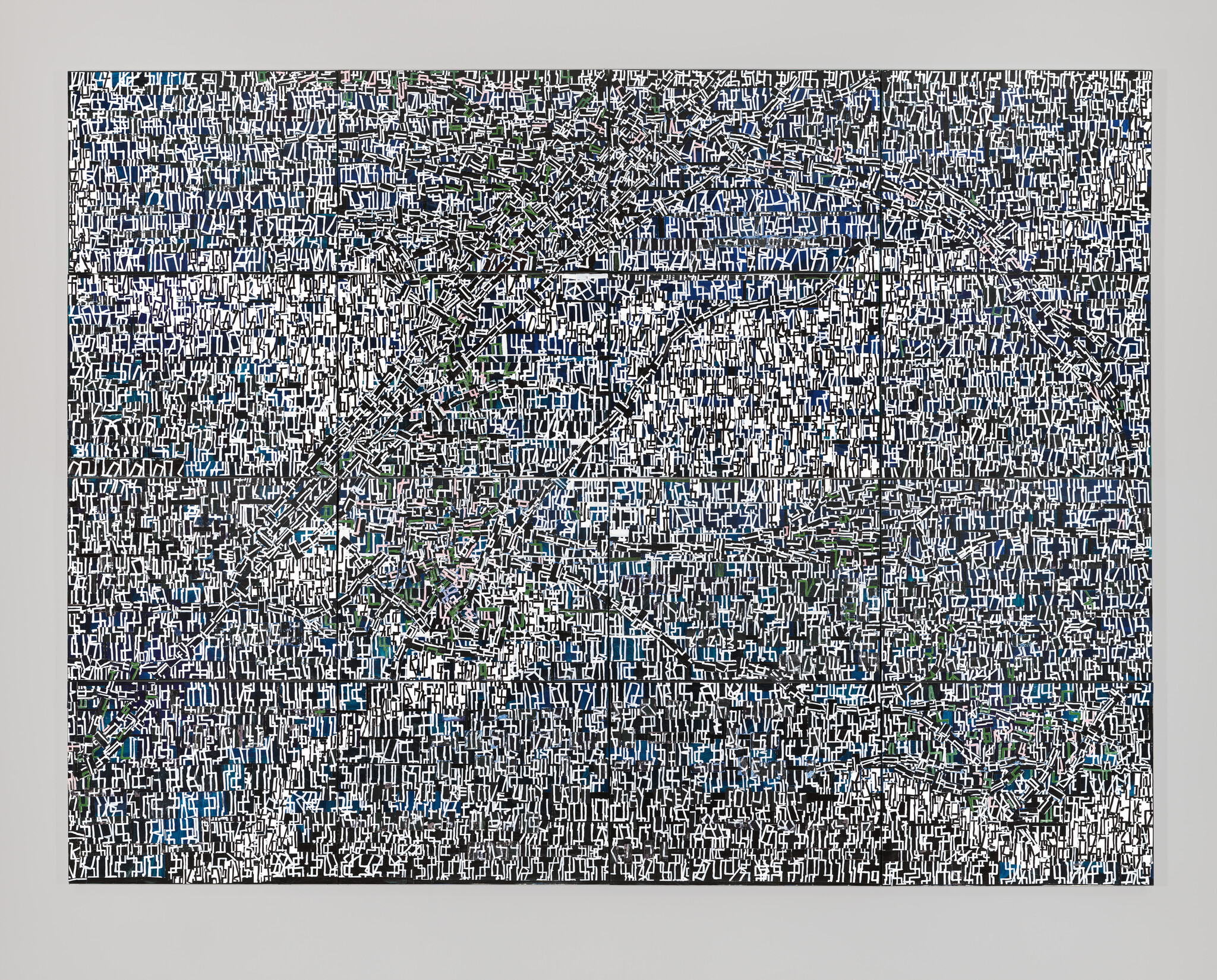 Large abstract grid with thousands of white rectangular marks forming sweeping arcs over dark background.