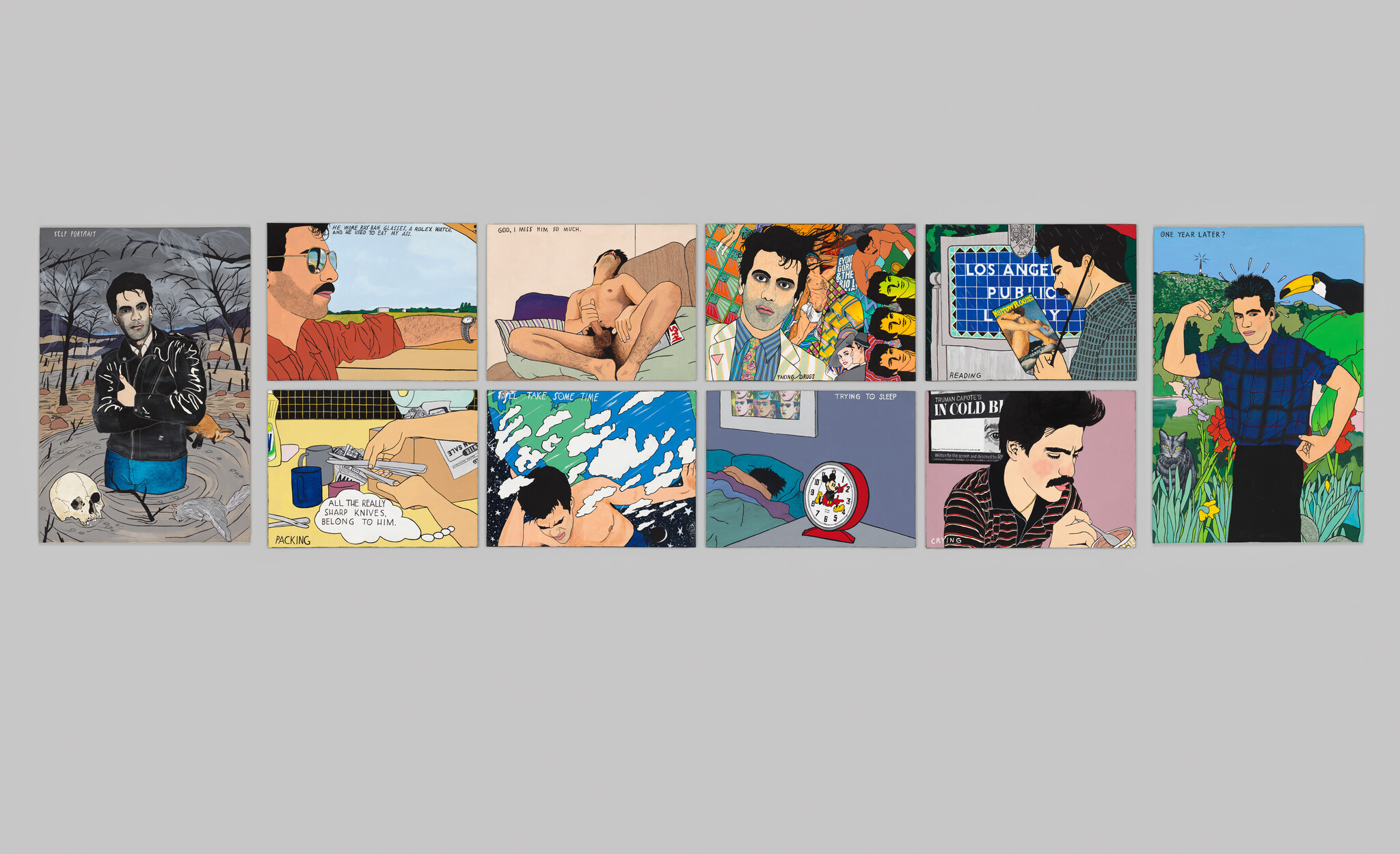 Twelve colorful comic panels show a man in different emotional and everyday scenes.