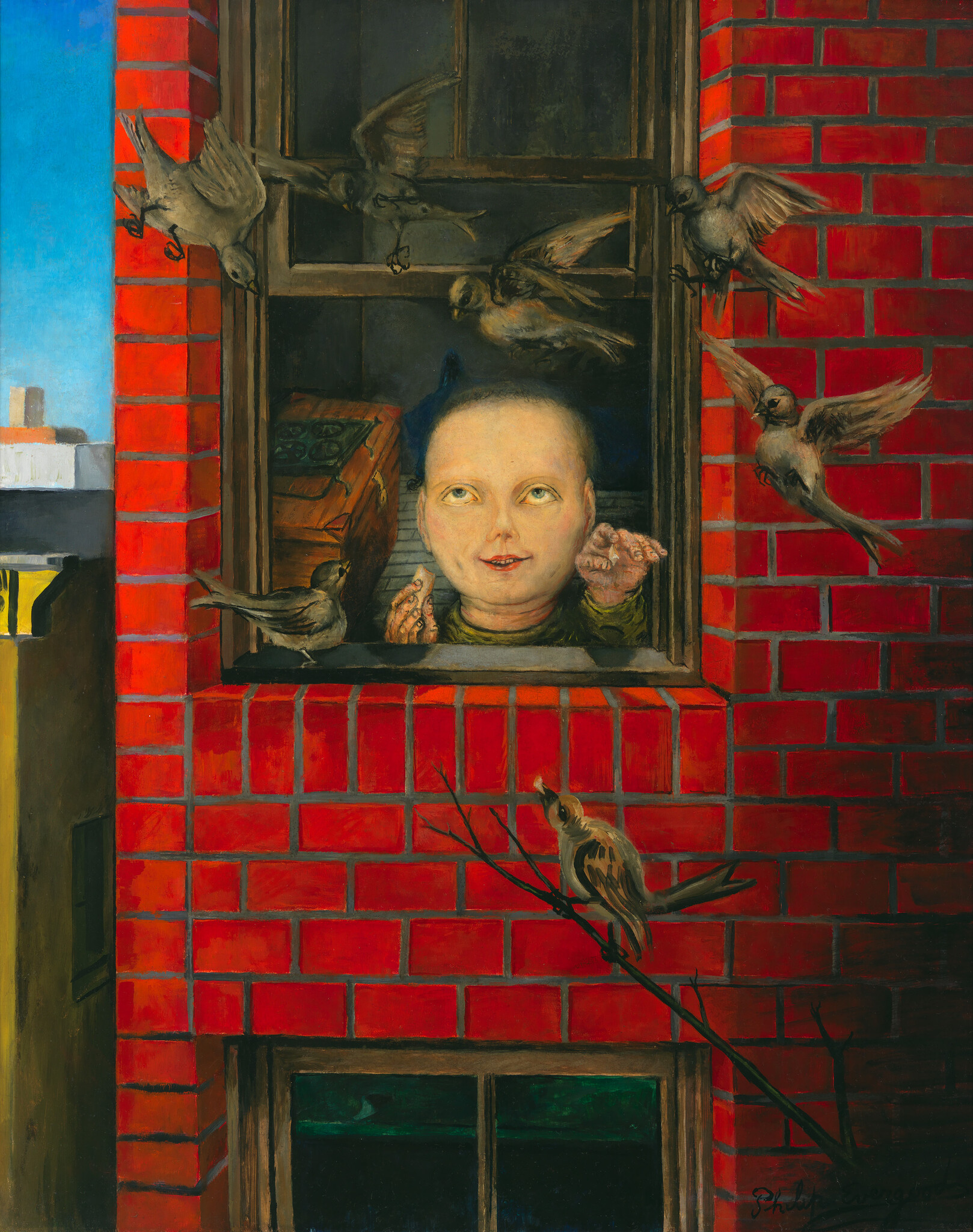 A child leans from a window on a red brick building as birds fly and perch nearby.