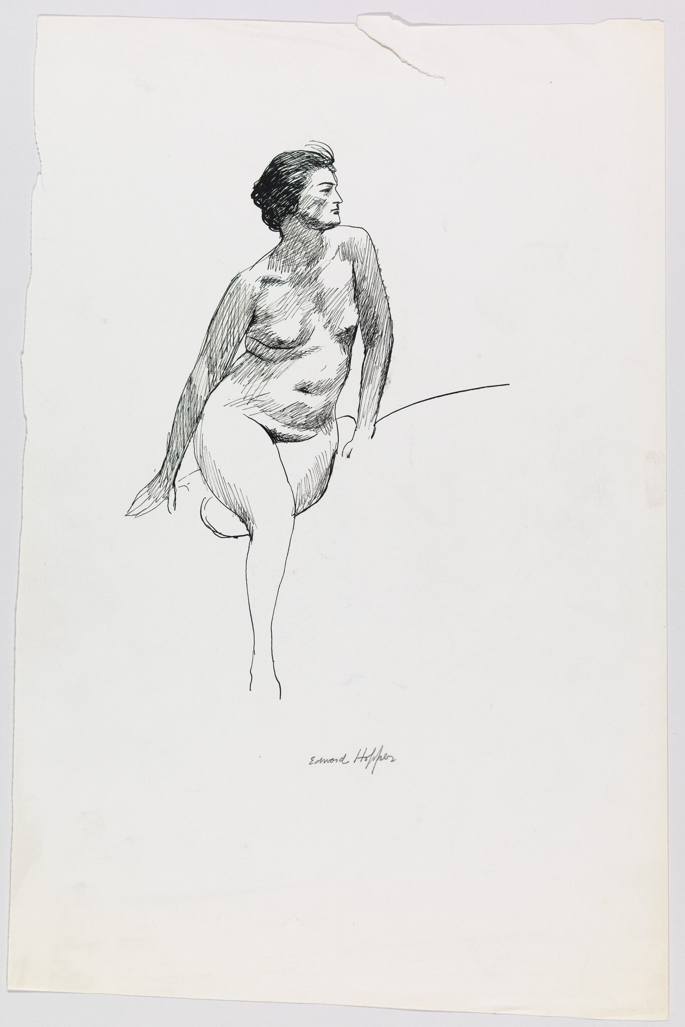 Pen-and-ink drawing of a seated nude woman looking right with one leg crossed.