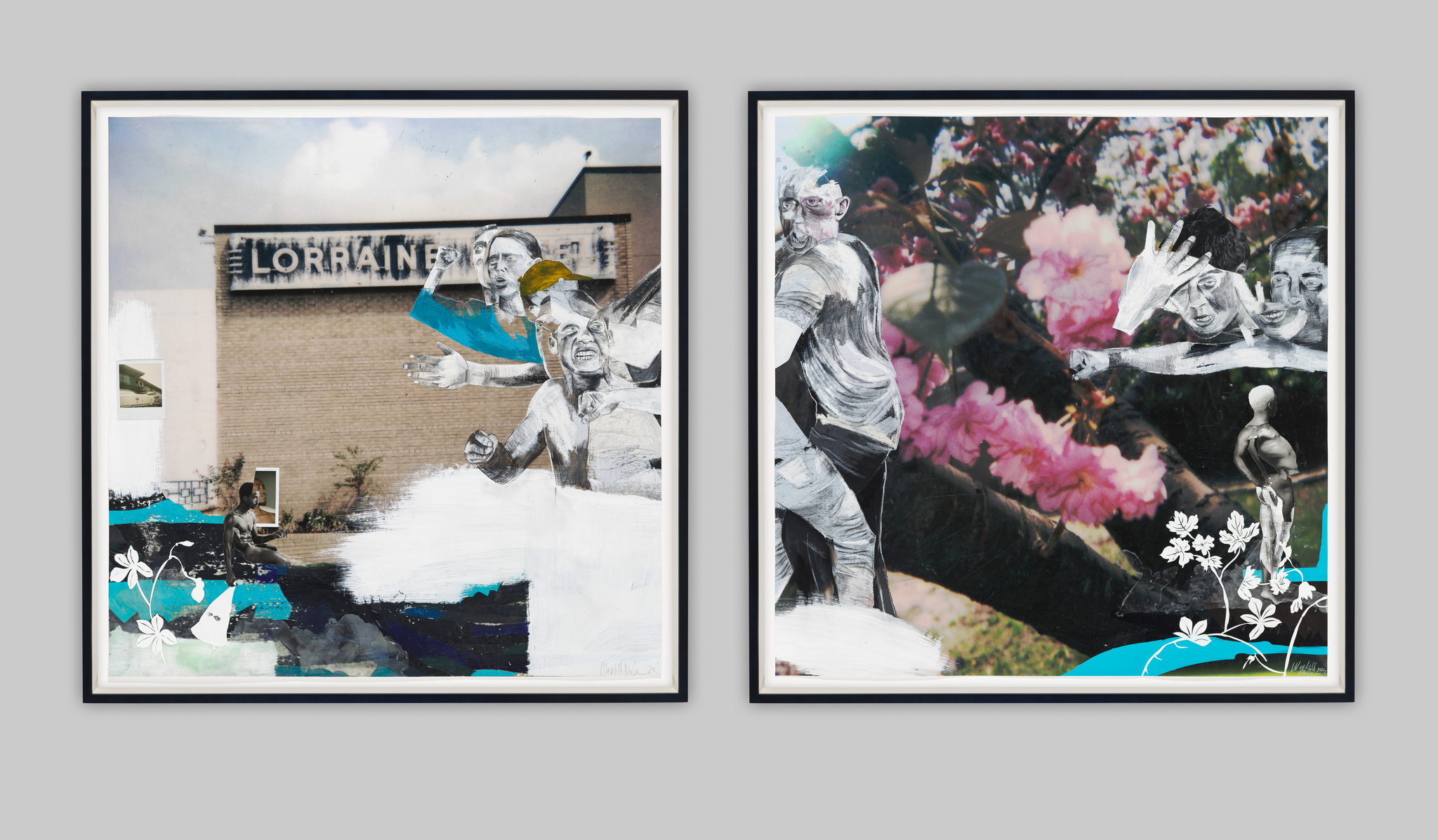 Two framed mixed-media artworks side by side. The left piece features a black and white image of a man throwing a baseball, with abstract blue and white paint strokes and floral designs at the bottom. The right piece shows a black and white image of a man batting, superimposed on a colorful background of pink flowers, with similar abstract and floral elements at the bottom. Both pieces have a signature at the bottom right.