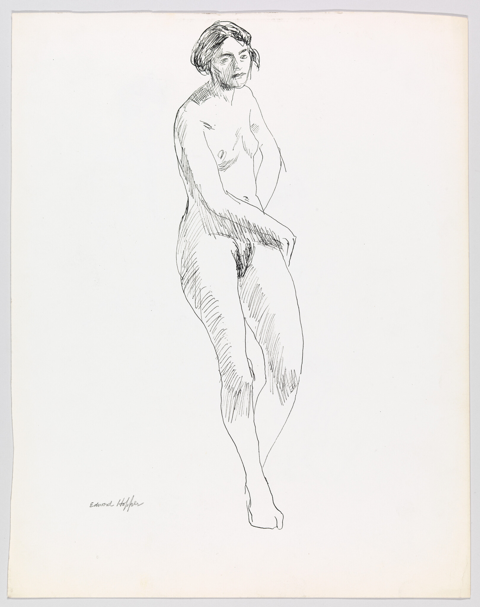A standing nude woman sketched in thin black lines with her weight shifted onto one leg.