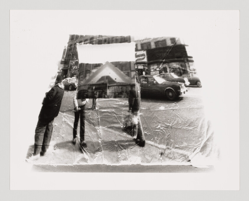 Three people stand on a city street with vintage cars and overlapping buildings in double exposure.