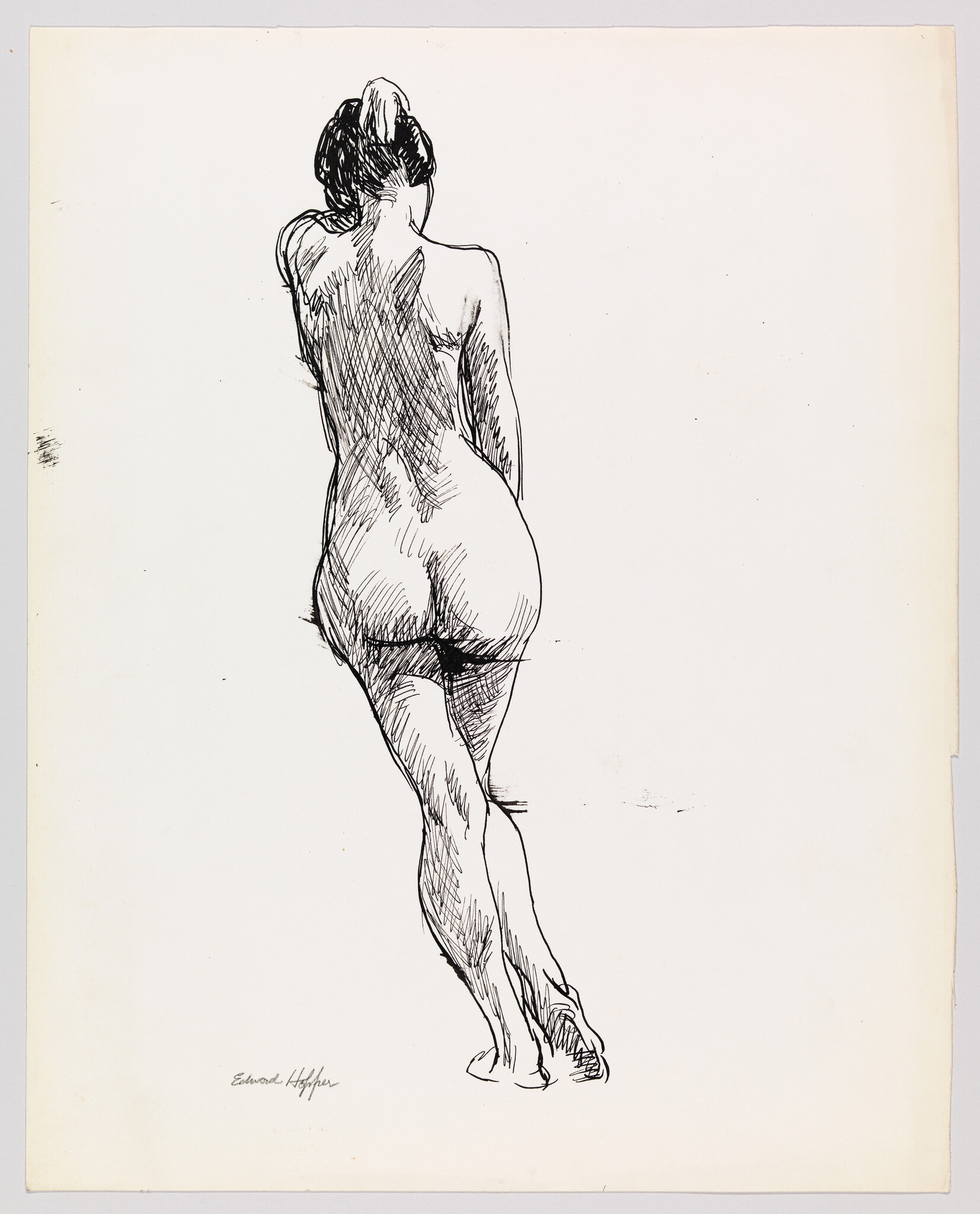 Nude female figure drawn from the back standing with crossed legs and hair in a bun.