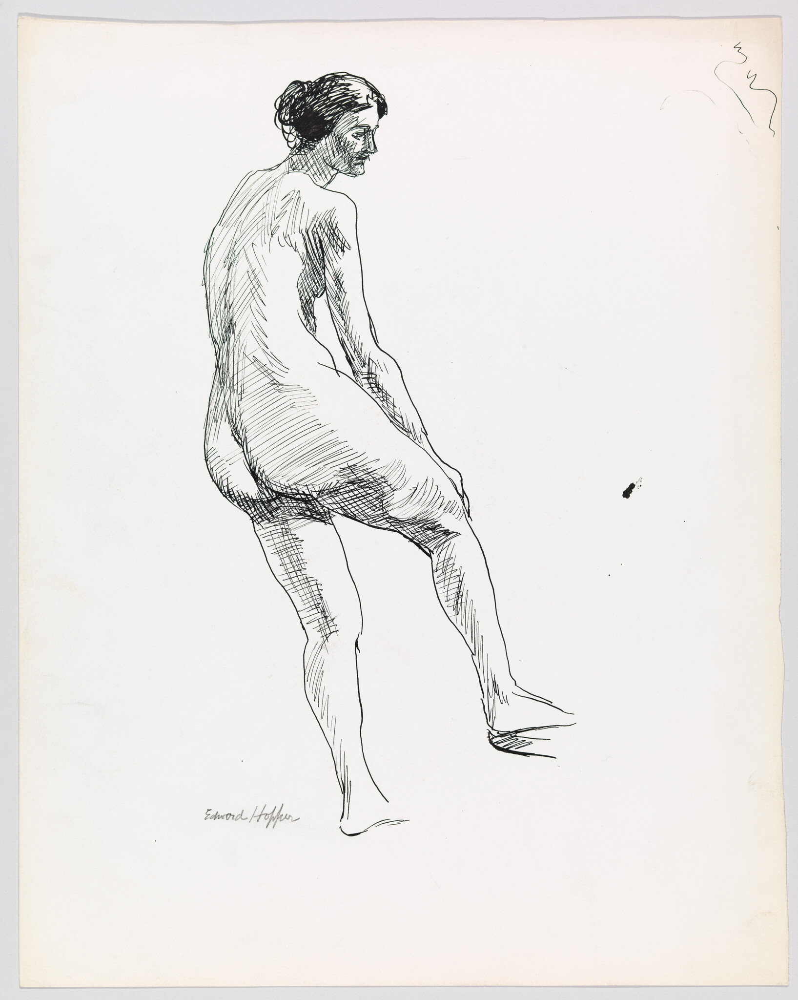 A nude woman stands with one leg raised, turned slightly to look over her shoulder.