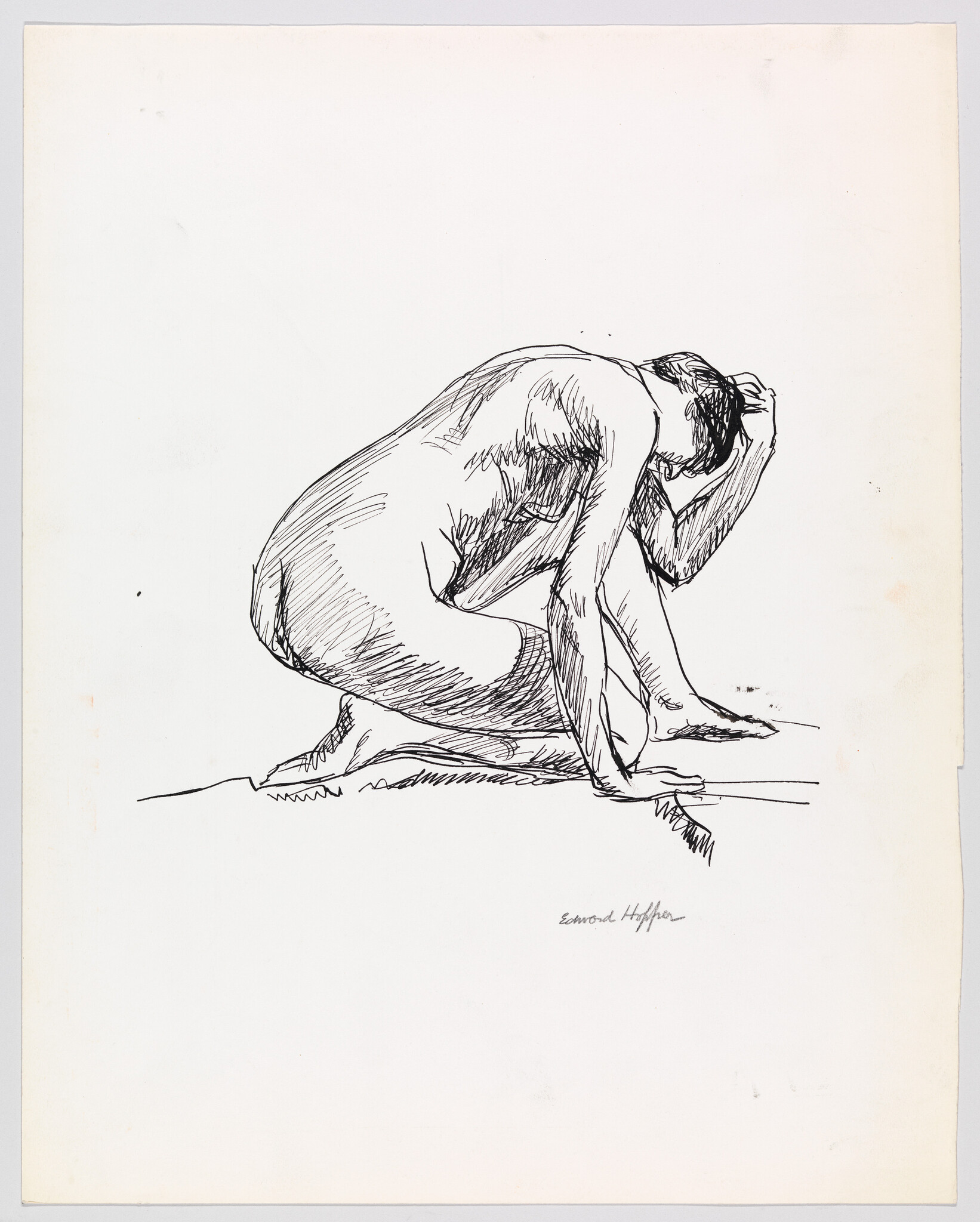 A pen sketch of a nude figure crouching on knees with one hand on their head.