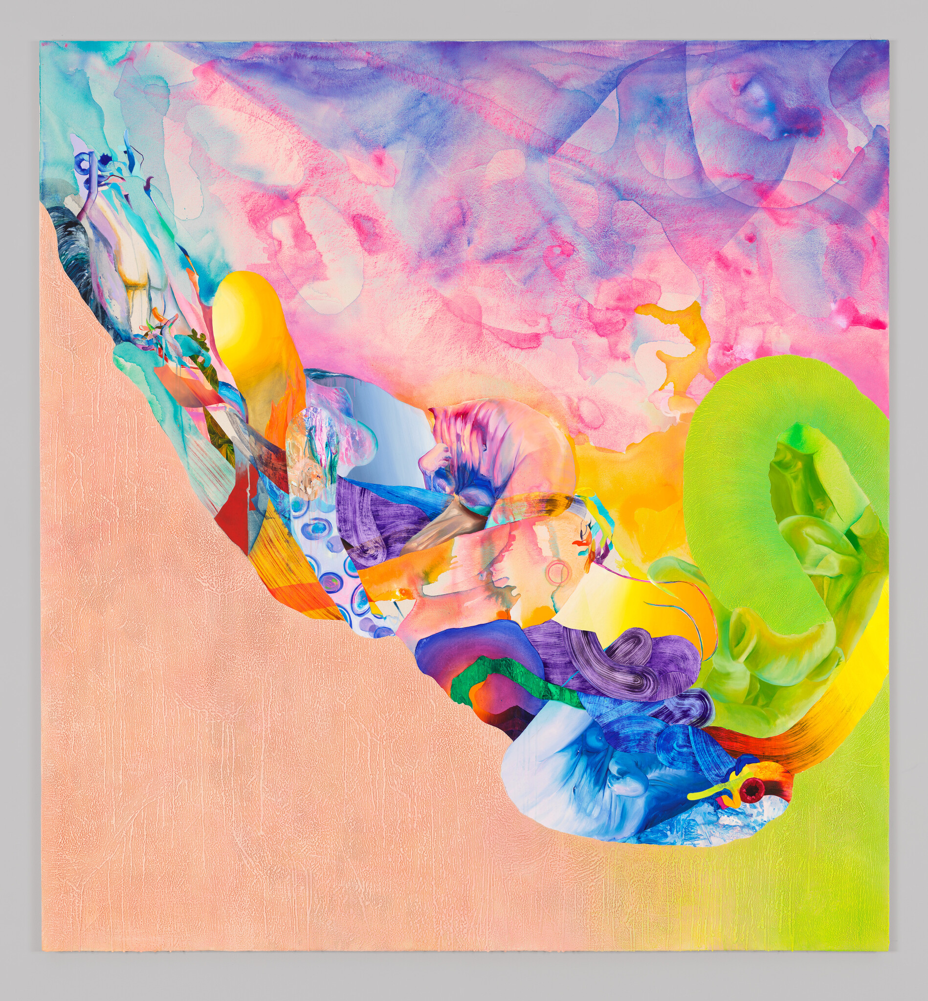 Bright abstract painting with colorful swirling shapes, pastel sky tones, and a large green spiral.