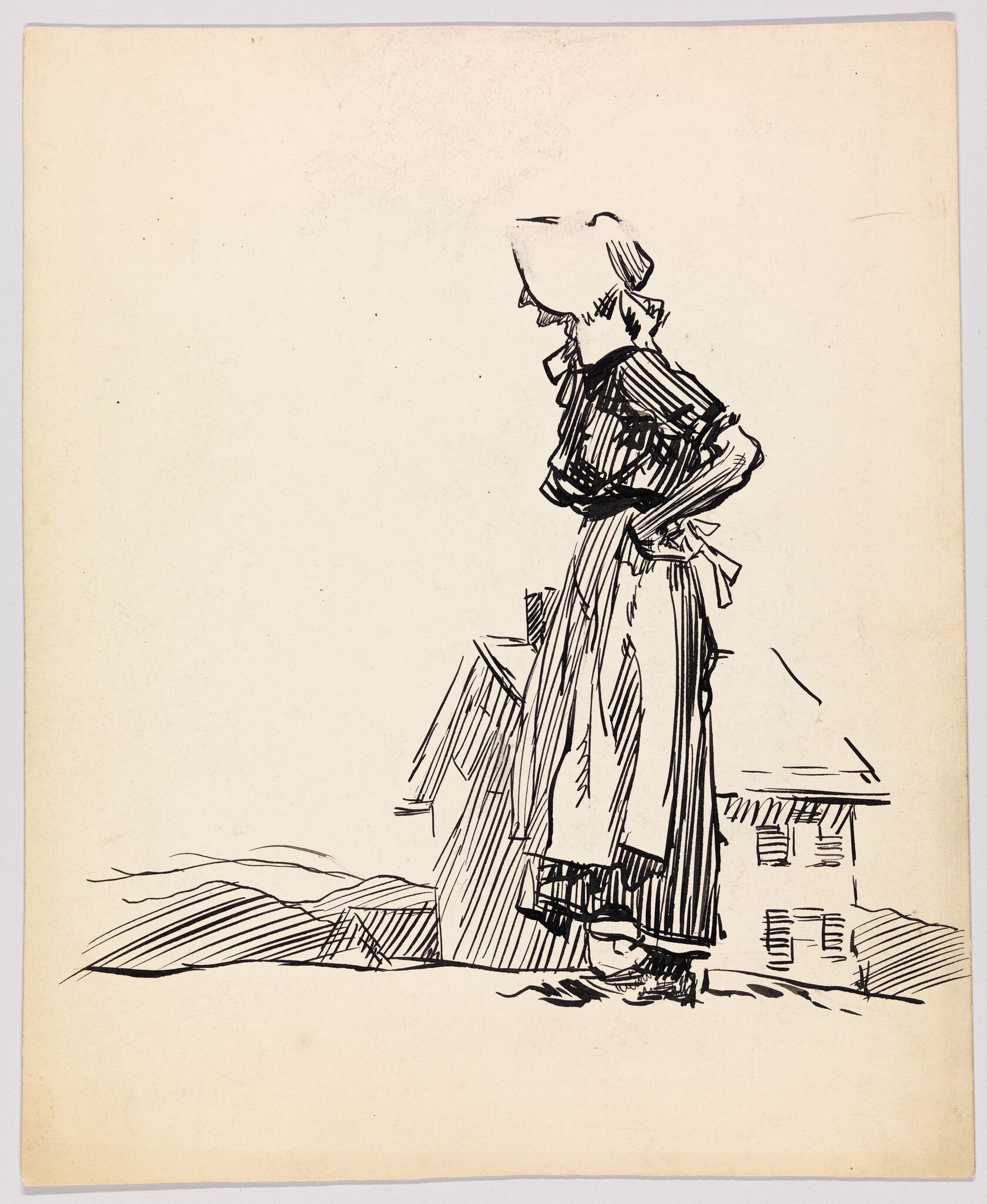 Woman in a bonnet and apron stands with hands on hips overlooking houses and hills.