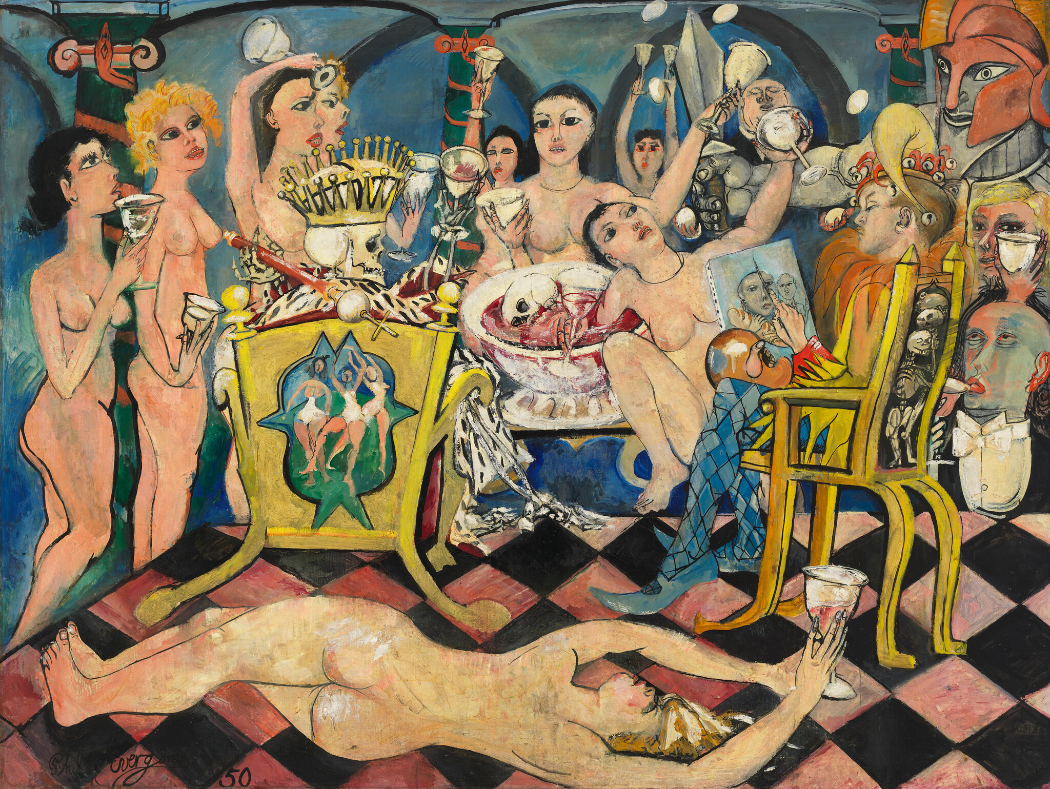 A rowdy banquet scene with nude revelers raising glasses and a person sprawled on the checkered floor.