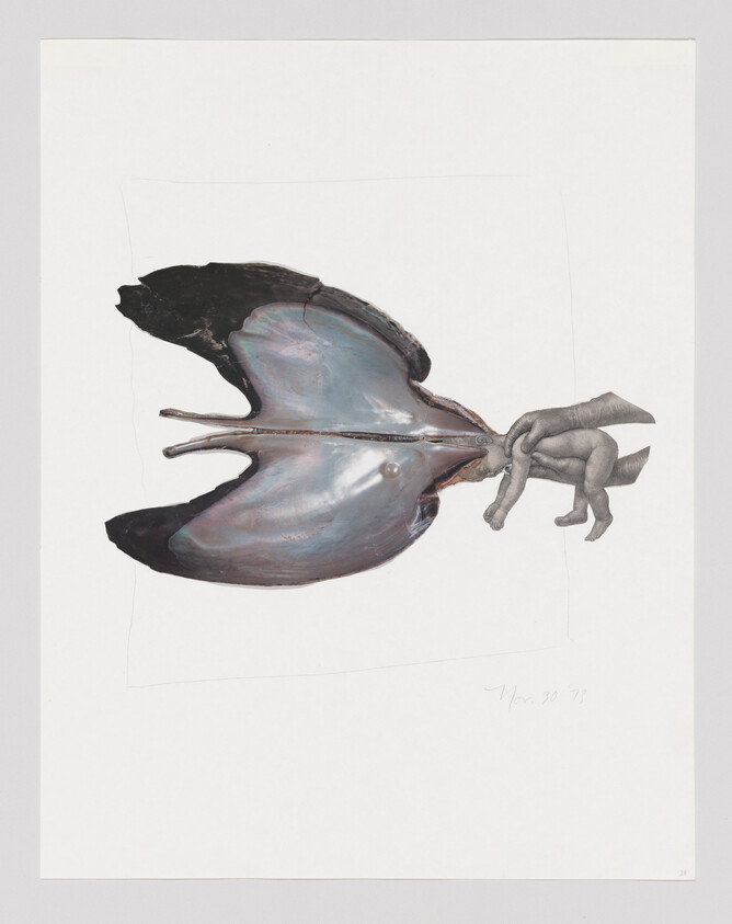 A surreal collage of a large shell with human legs attached, dated November 30, 1977.