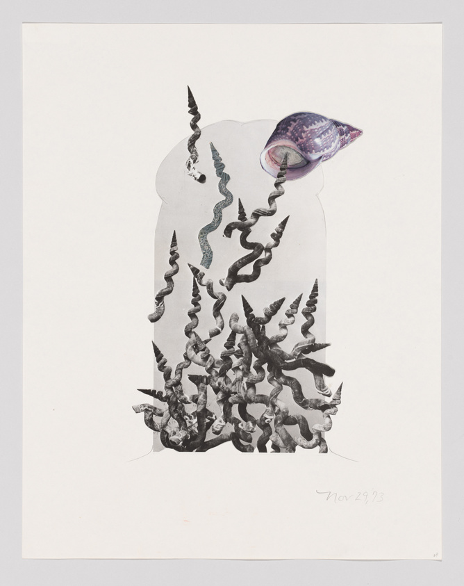 Abstract artwork with a conch shell atop a cascade of monochrome, twisted forms on a white background, signed and dated at the bottom.