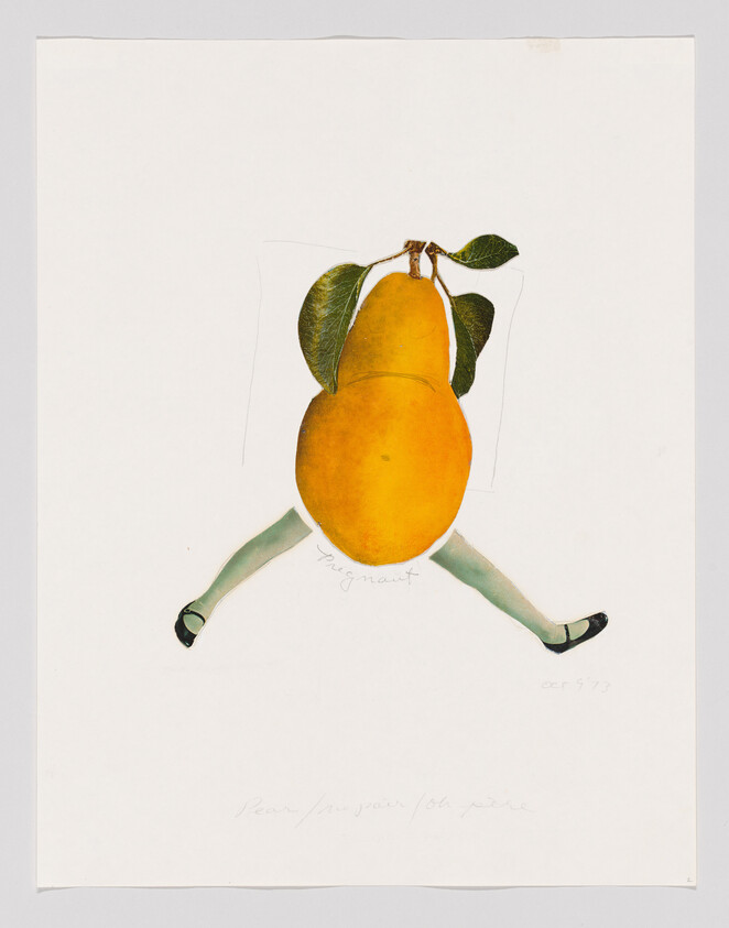 A pear with human legs wearing green stockings and black shoes, positioned as if walking.