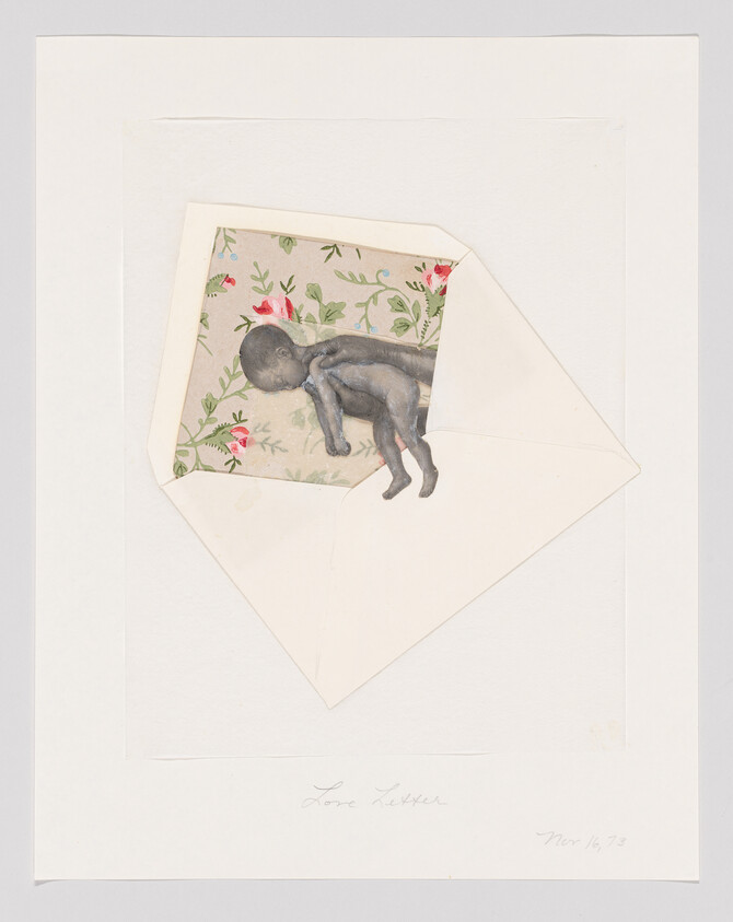 Illustration of a baby inside a floral envelope, signed and dated by the artist.