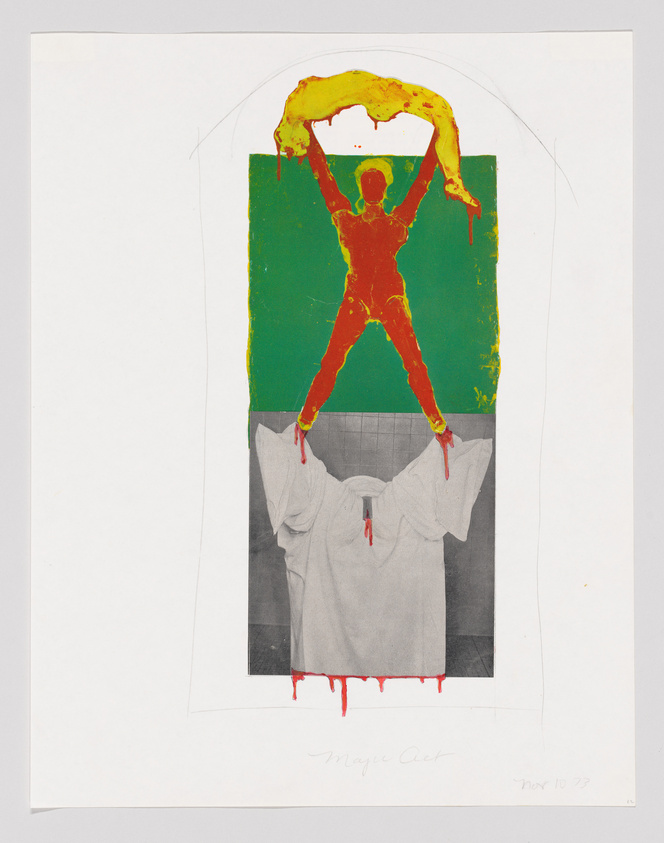 Art print with a red and yellow figure against a green background above a grayscale image of a shirt, with red drips and artist's signature below.