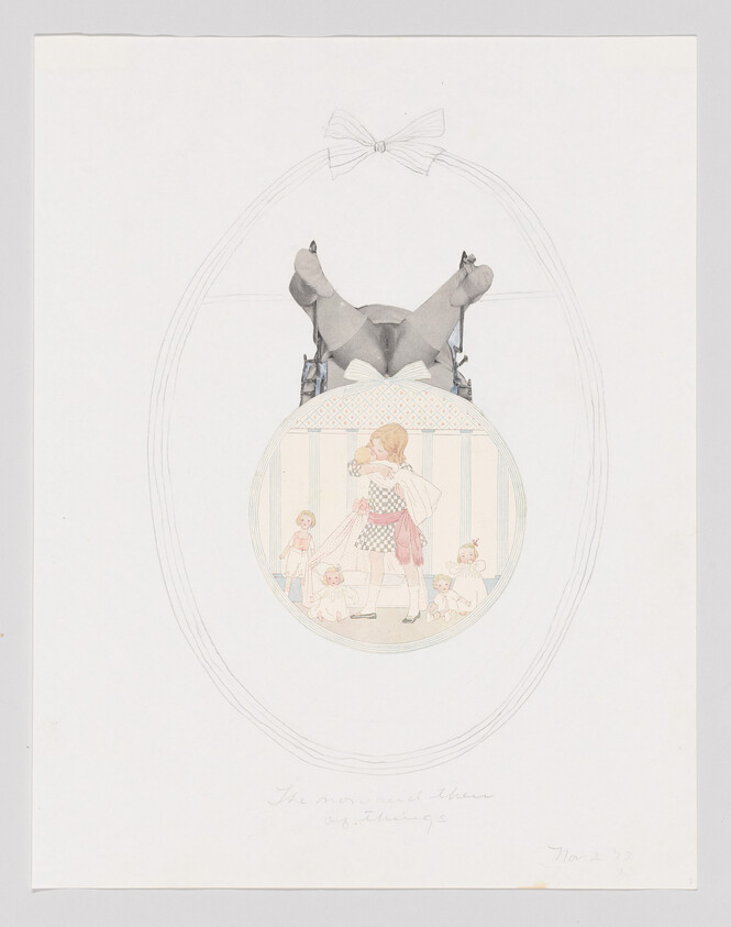 A girl in a checkered dress hugs a doll, surrounded by other dolls in a circle.