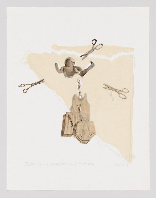 A collage with a baby doll, scissors, and children's clothing on a beige background.