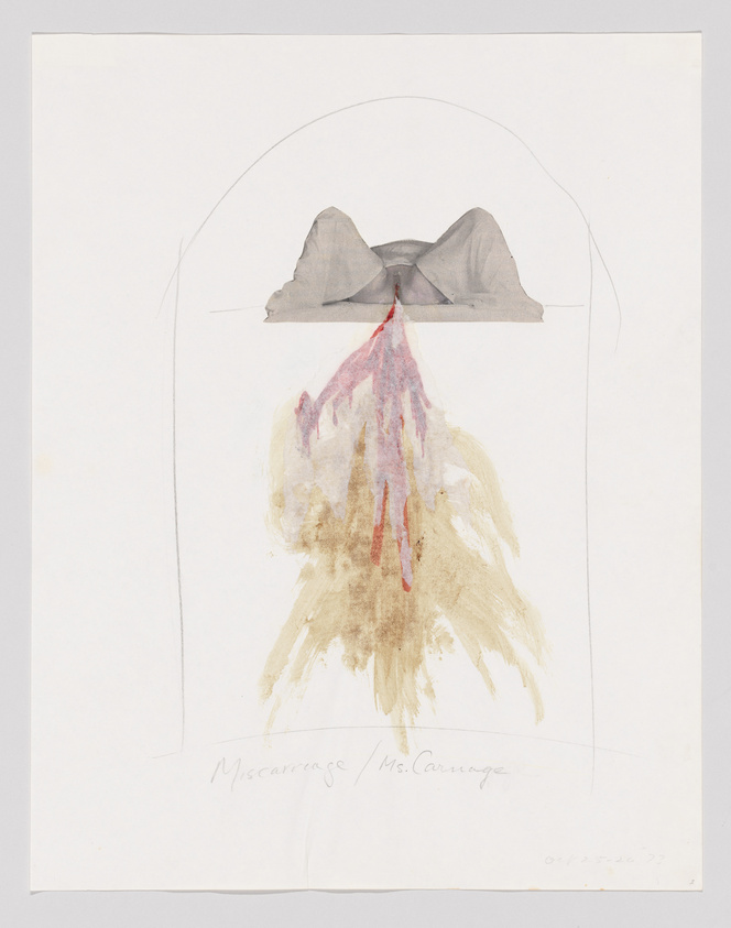 Sketch of a bow with abstract smudges below, titled "Miscarriage/Mrs. Courage" by Louise Bourgeois.