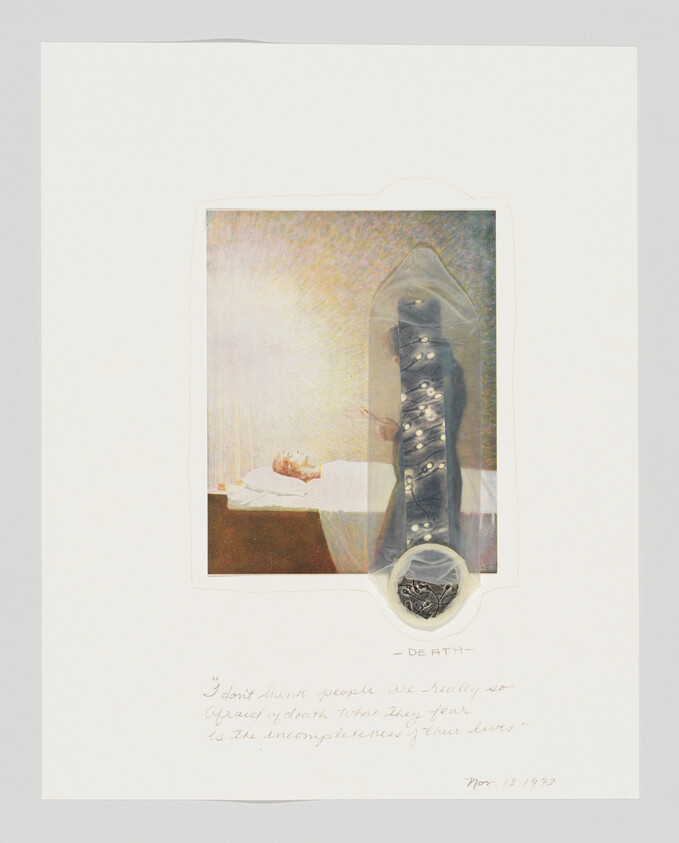 Artwork depicting a figure in a bed with a spectral presence, accompanied by a quote on death and life's incompleteness, dated 1993.