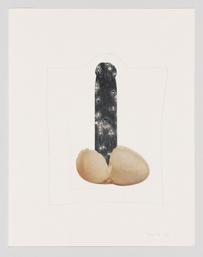 Two cracked eggshells with a dark, textured shape emerging from the center.