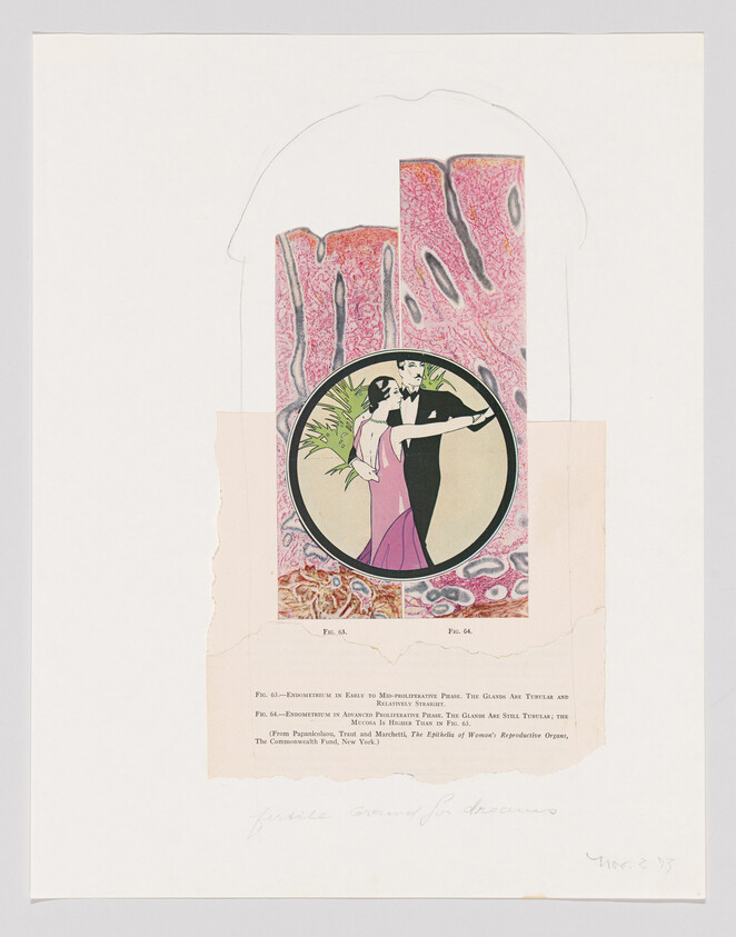 A couple dances in formal attire, surrounded by a circular frame with abstract pink patterns in the background.