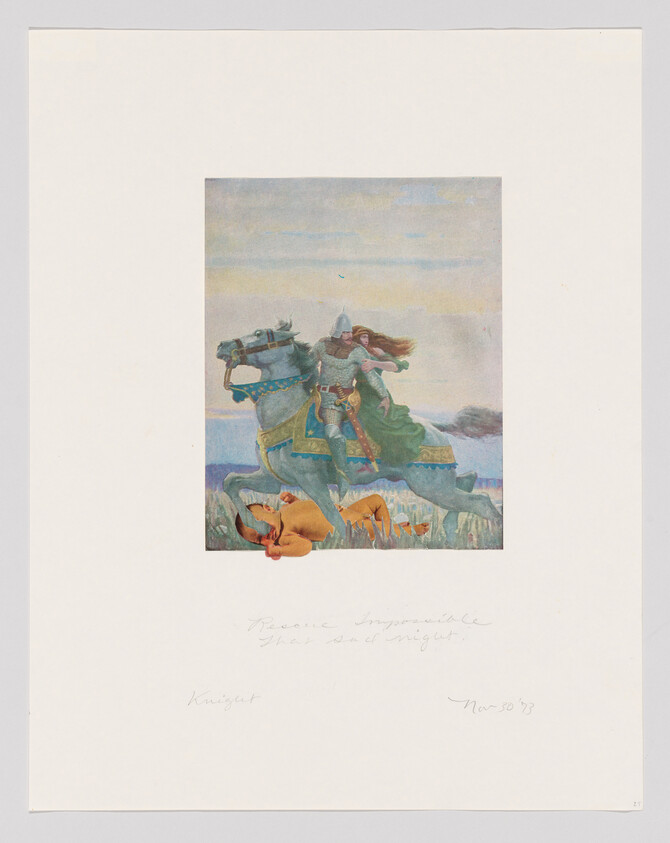 A knight in armor rides a galloping horse, holding a woman in a green dress.