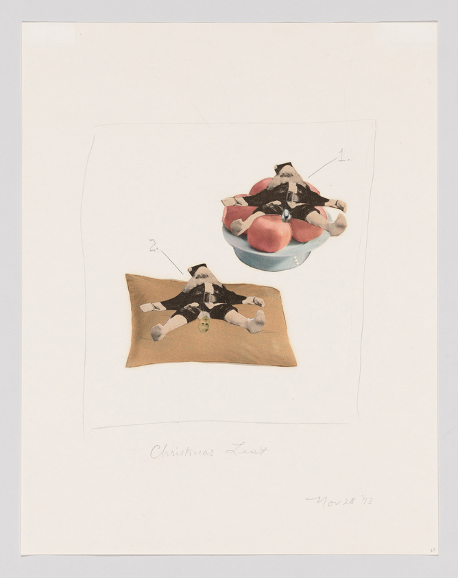 Collage of a bowl with fruit and a doll on a pillow, labeled "Christmas List," dated Nov 28 '73.